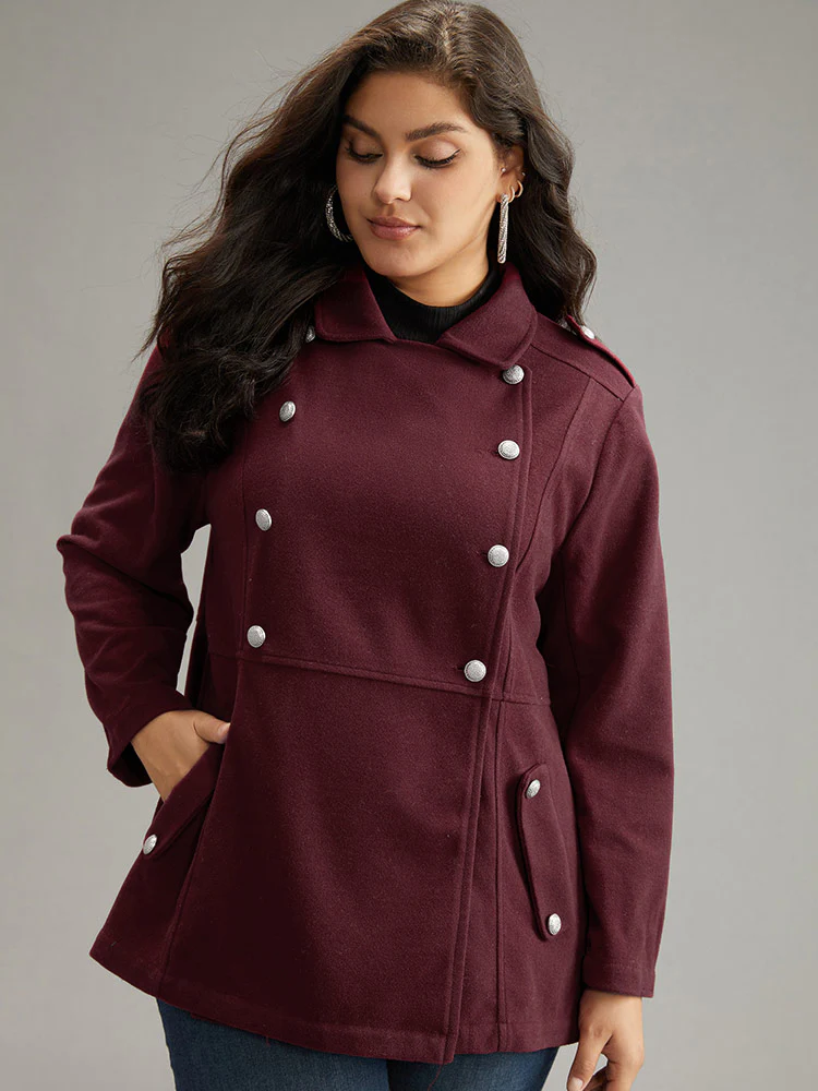 Solid Button Detail Pocket Lapel Collar Coat