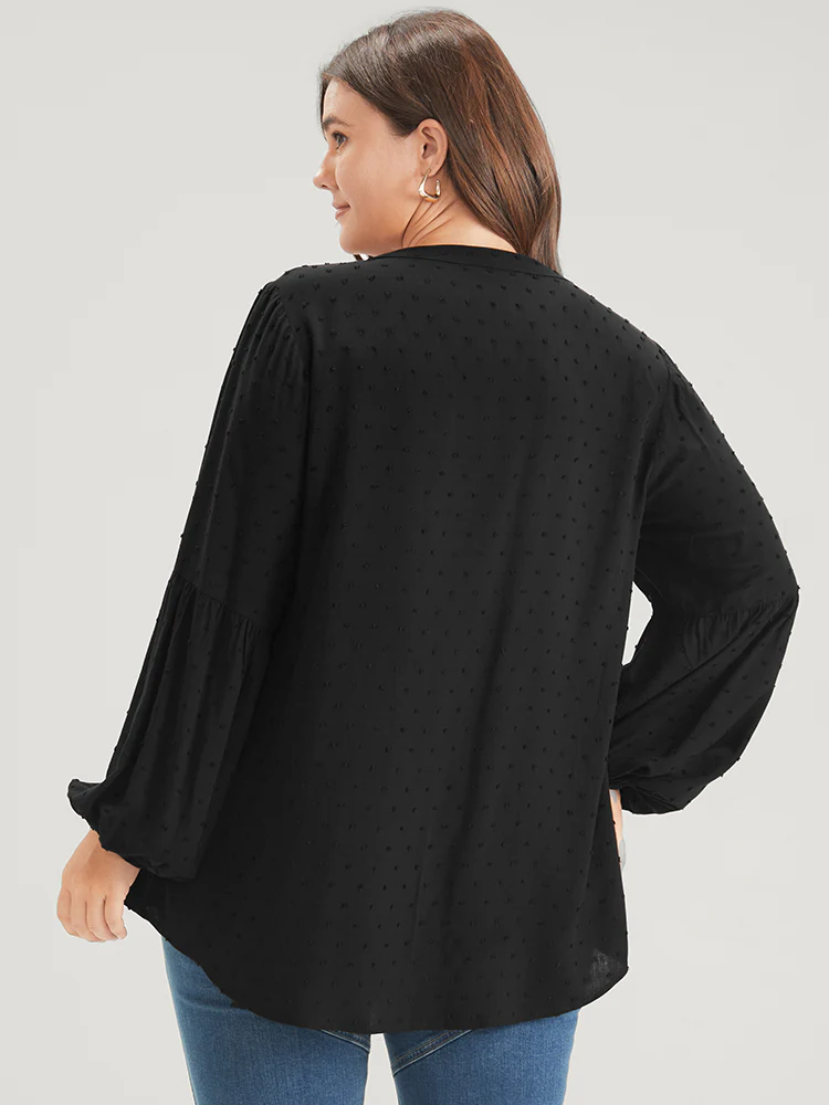 Solid Button Lantern Sleeve Polka Dot Blouse - Image 3