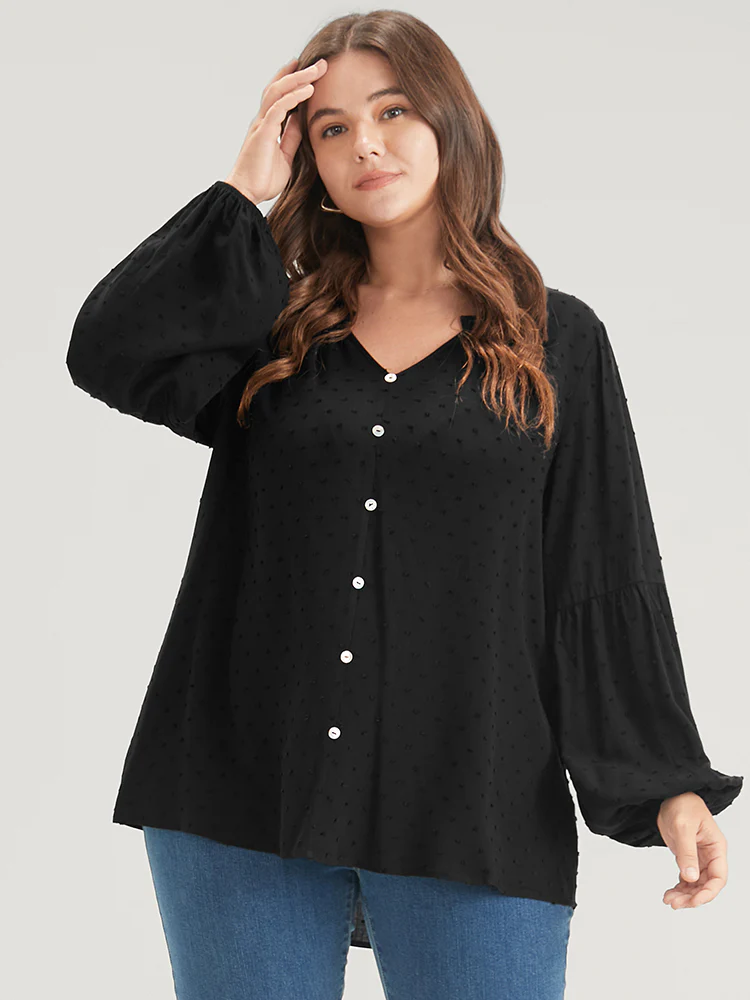 Solid Button Lantern Sleeve Polka Dot Blouse - Image 5