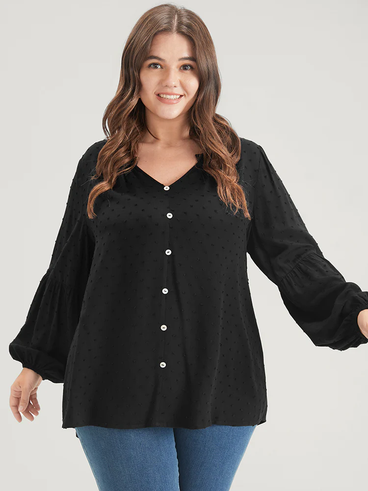 Solid Button Lantern Sleeve Polka Dot Blouse - Image 7