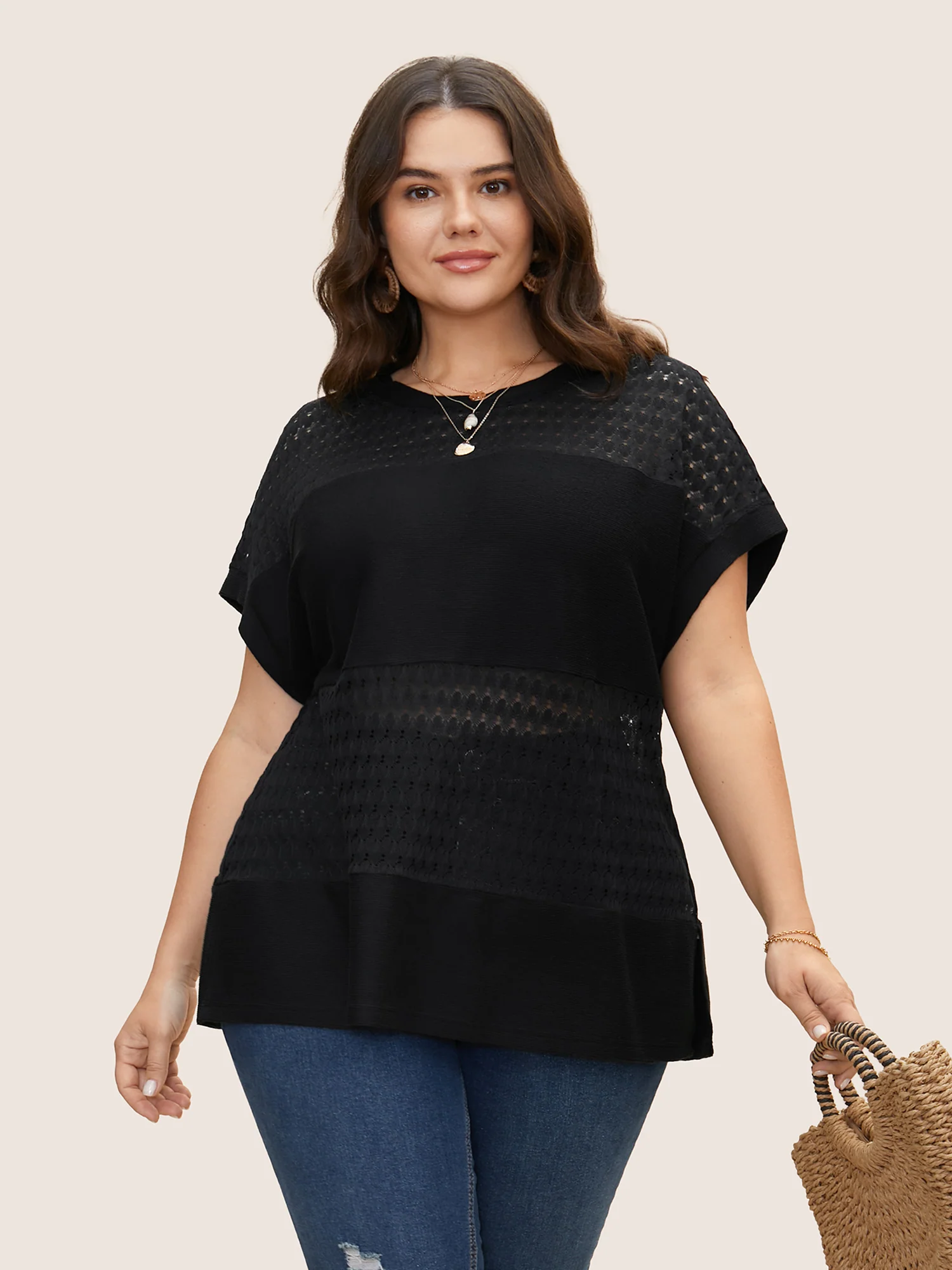 Solid Cut Out Patchwork Split Hem T-shirt
