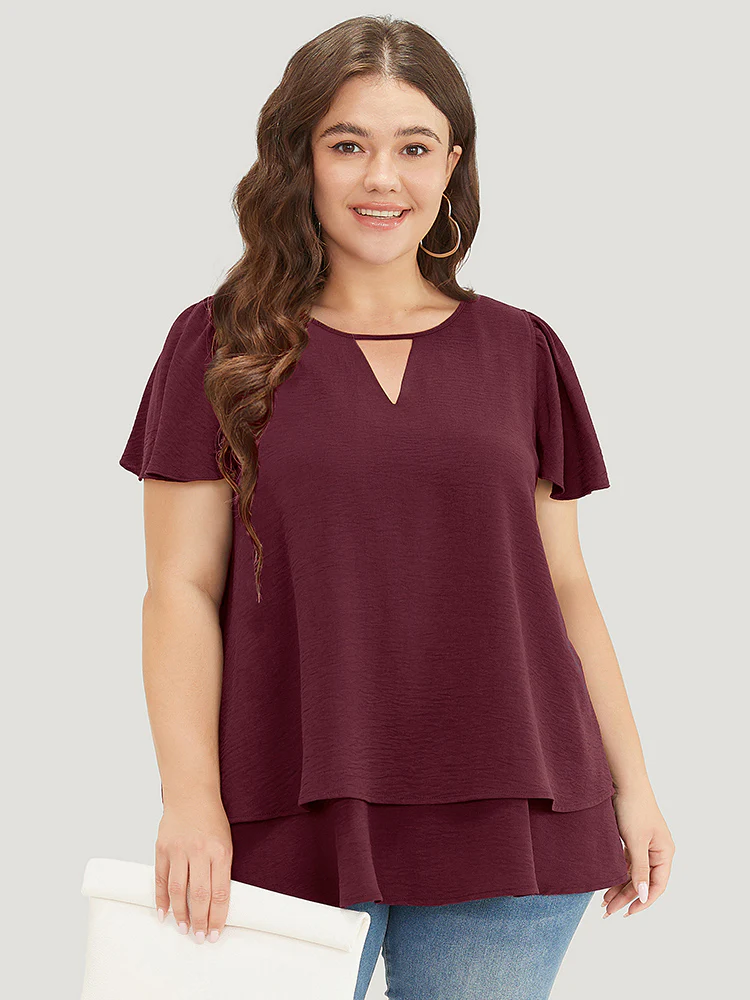 Solid Flutter Sleeve Keyhole Layered Hem Blouse