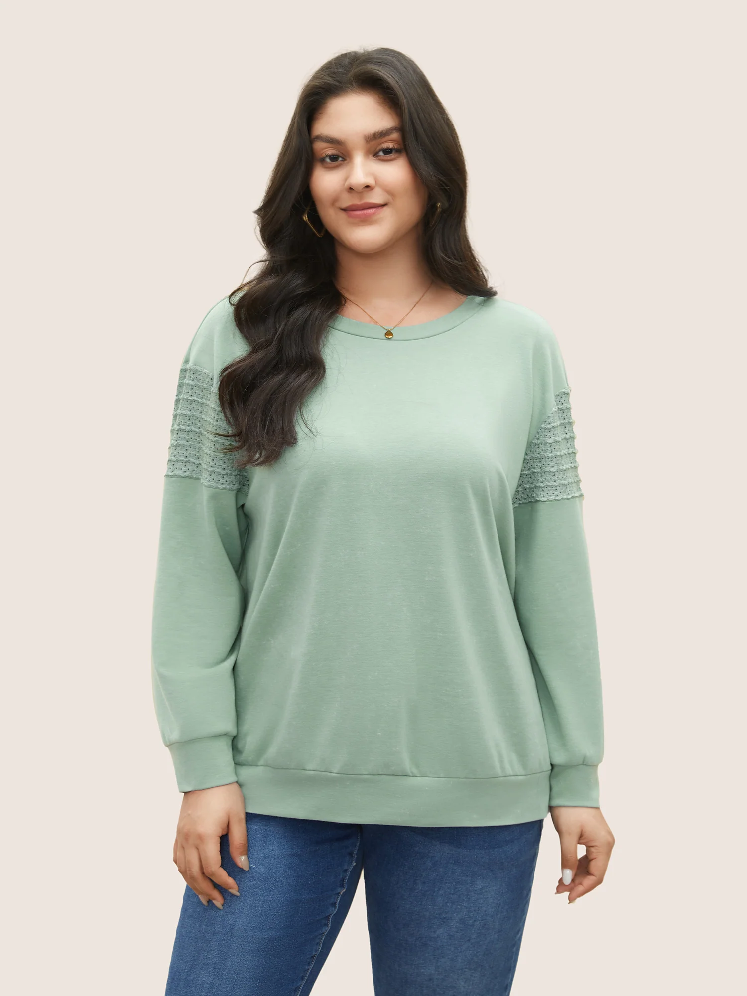 Solid Lace Panel Drop Shoulder Sweatshirt