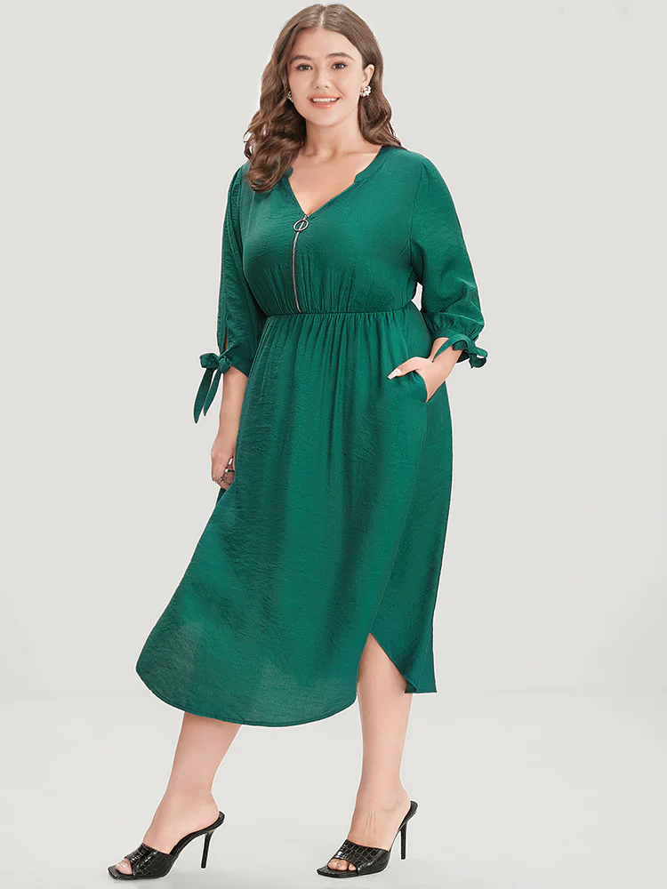 Solid Pocket Knot Sleeve Half Zipper Arc Hem Dress