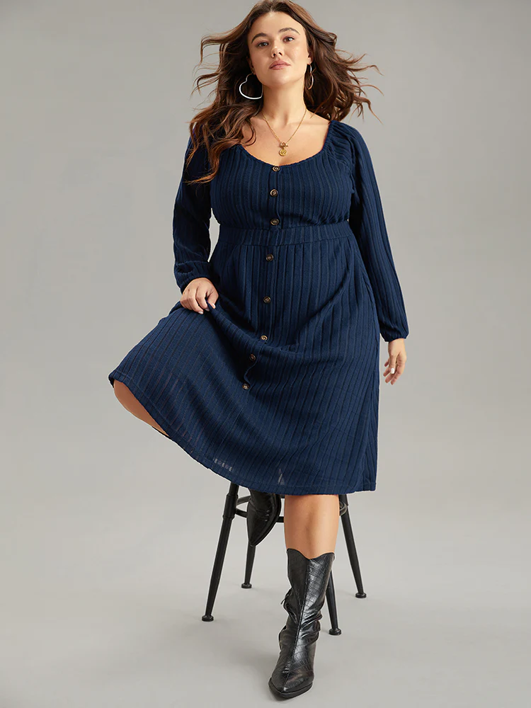 Solid Rib Knit Gathered Scoop Neck Dress
