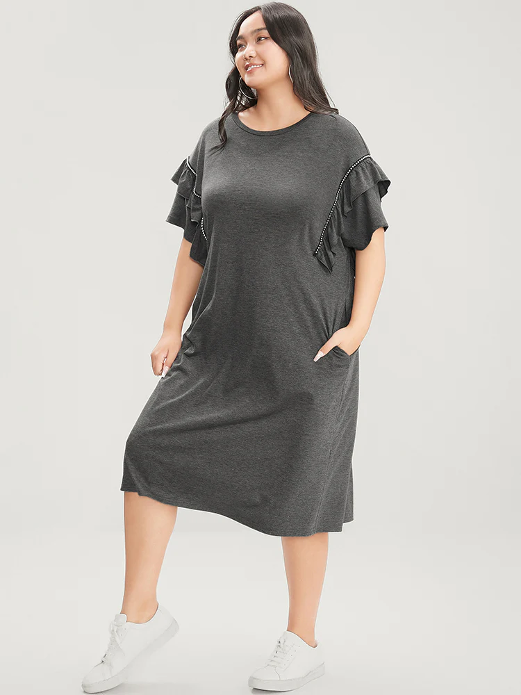 Solid Round Neck Pocket Beaded Webbing Ruffle Trim Dress