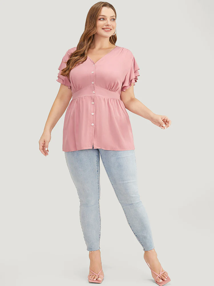 Solid Ruffle Tiered Sleeve Gathered Button Up Blouse - Image 11