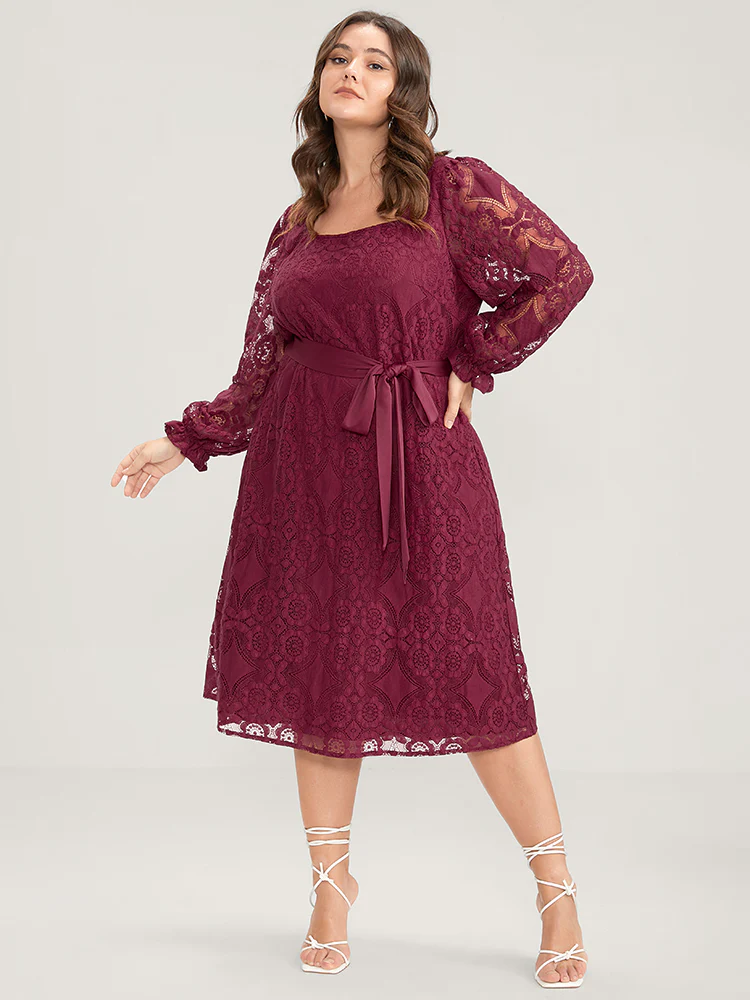 Solid Square Neck Lantern Sleeve Belted Lace Dress