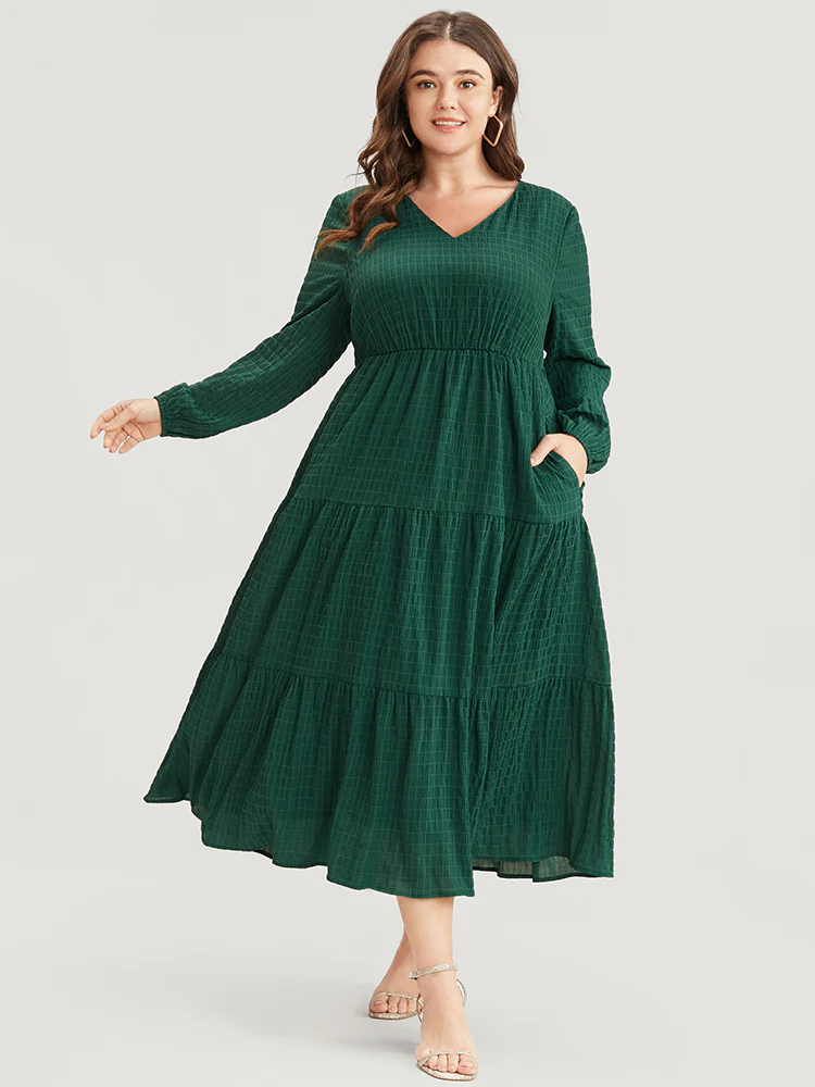 Solid V Neck Lantern Sleeve Pocket Gingham Flutter Dress