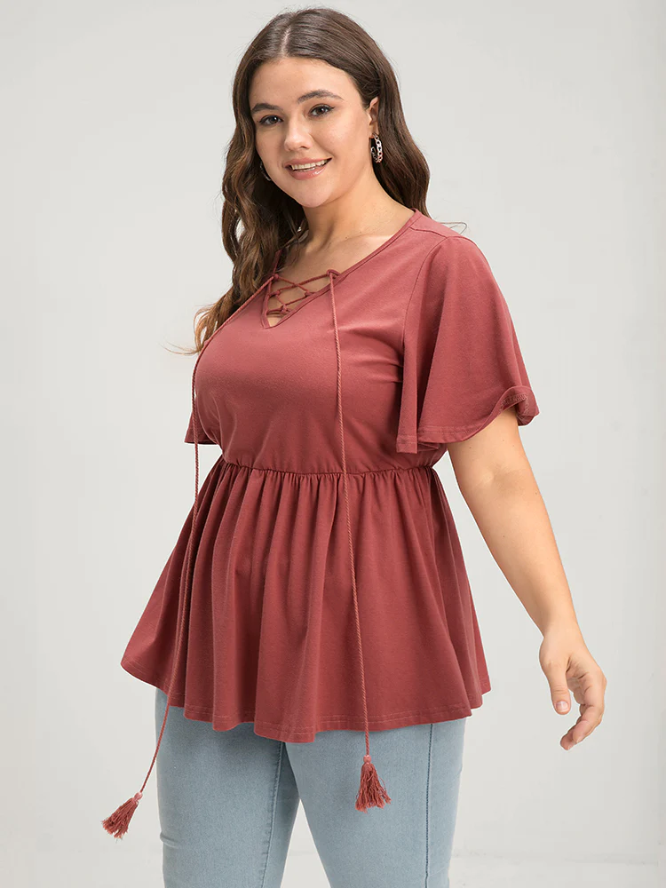 Solid V Neck Ruffles Elastic Waist Lace Up T-shirt - Image 5