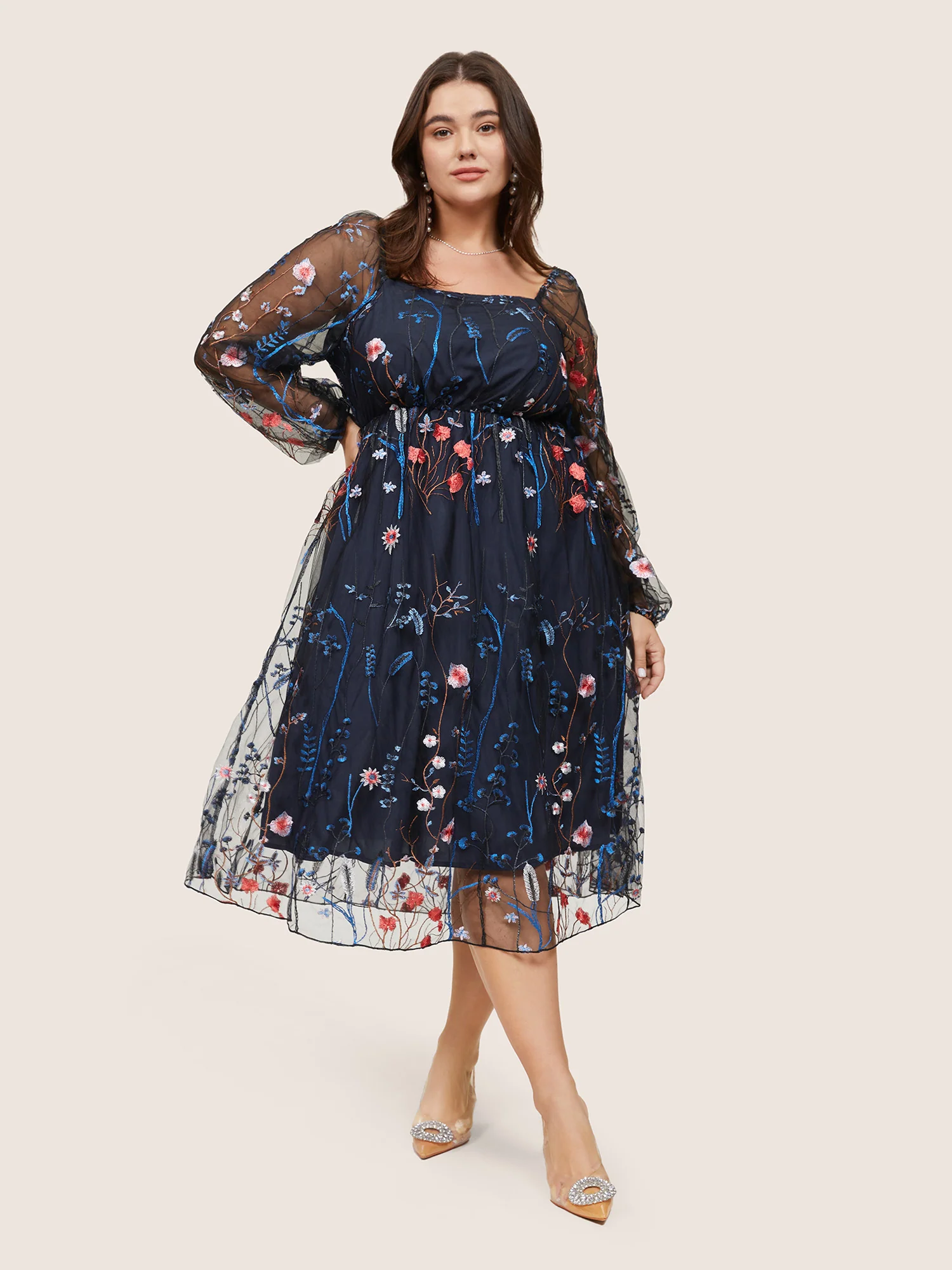 Square Neck Embroidered Lace Mesh Lantern Sleeve Dress