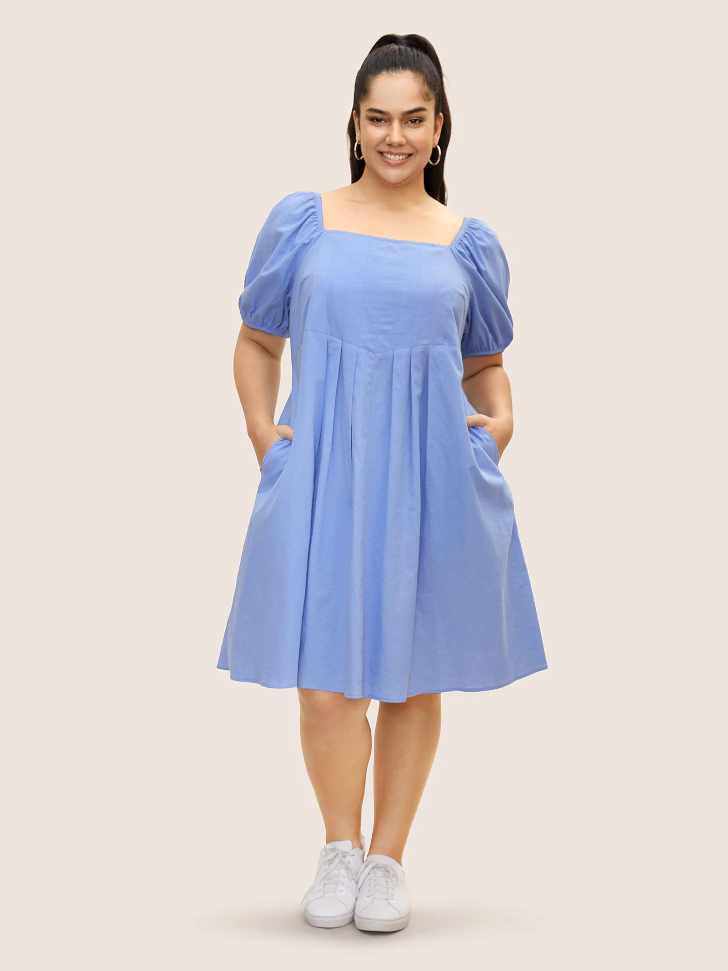 Square Neck Plain Pleated Puff Sleeve Dress