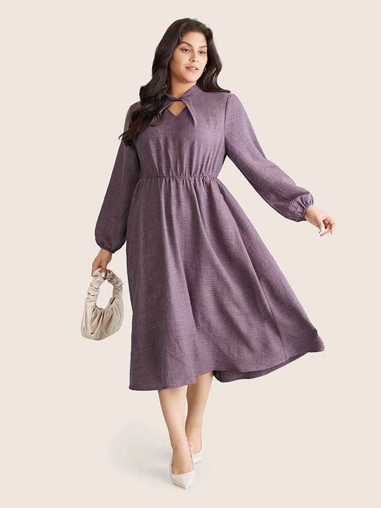Static-Free Elastic Waist Twist Neck Lantern Sleeve Dress