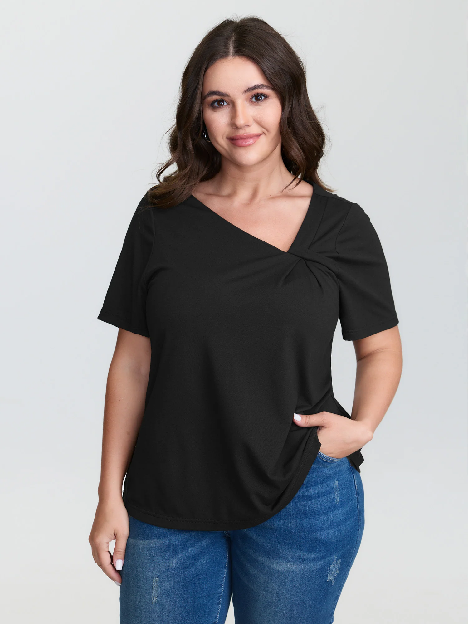 Stretchy Asymmetrical Neckline T-Shirt