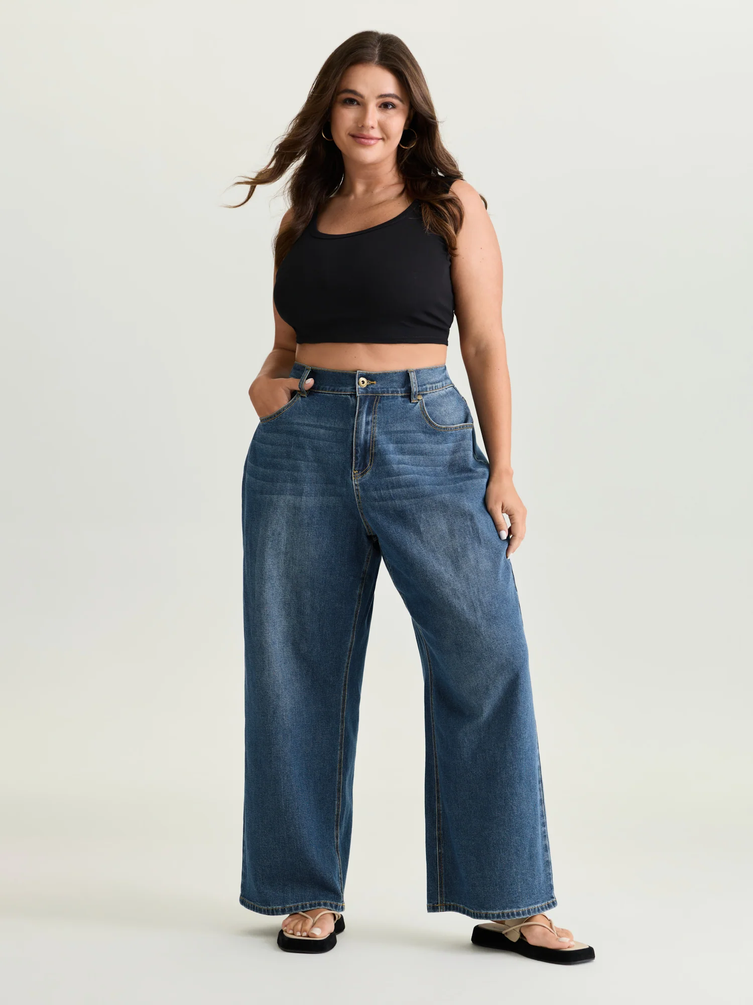 Stretchy Elastic Back Waist Wide-Leg Jeans