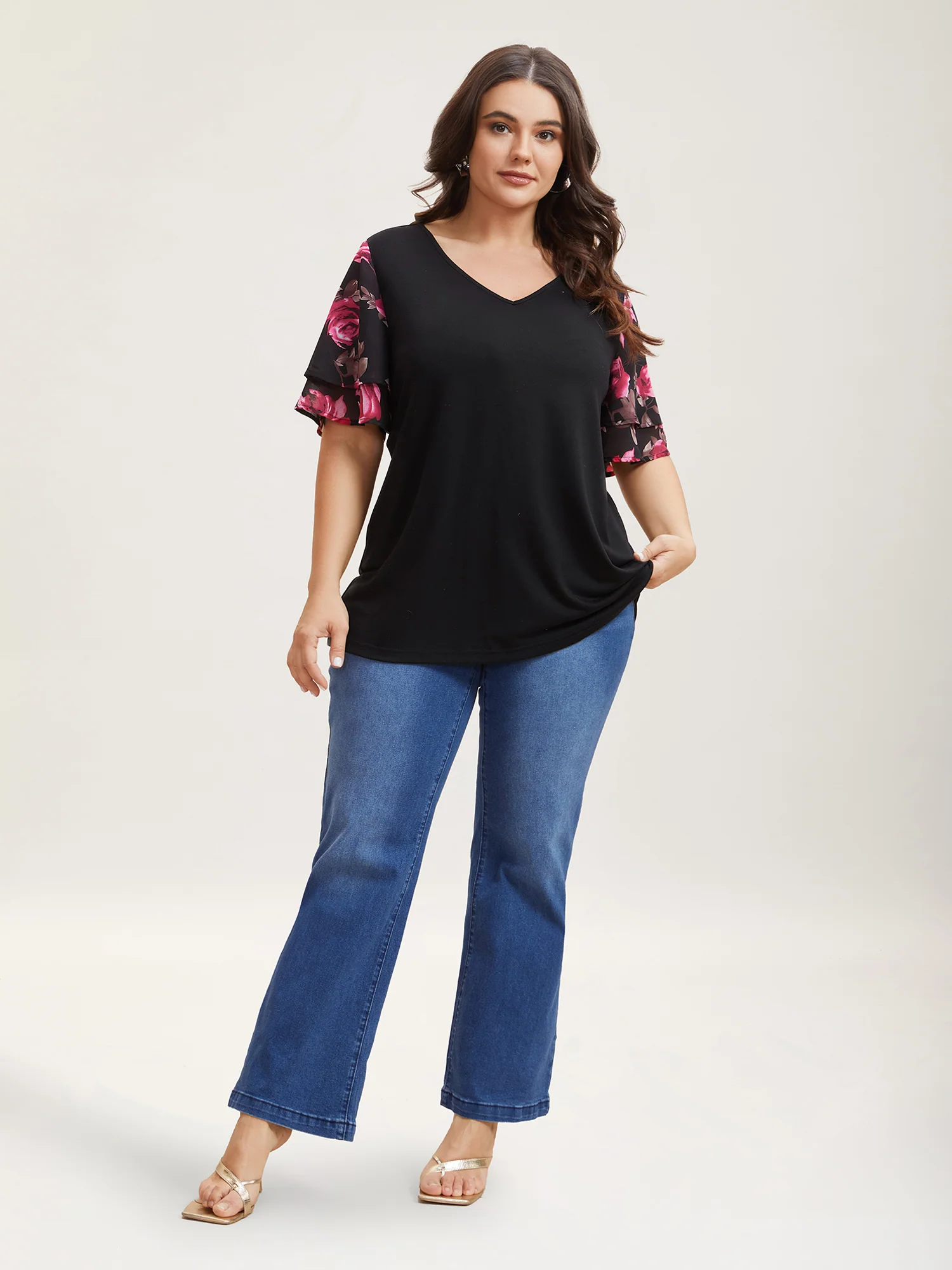 Stretchy Floral Lotus Sleeve V-Neck T-Shirt - Image 5
