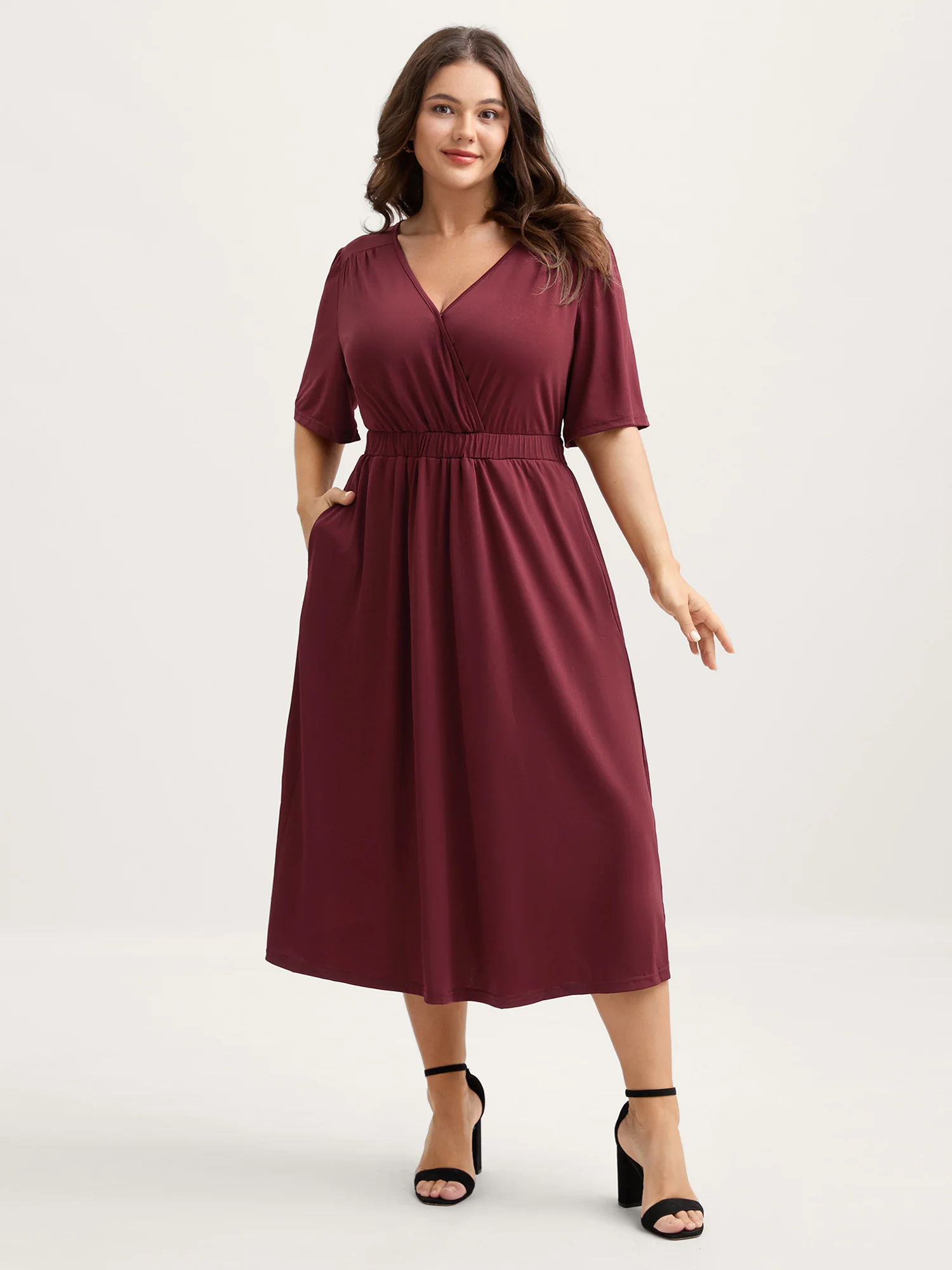 Stretchy Overlap Belted Pockets Midi Dress