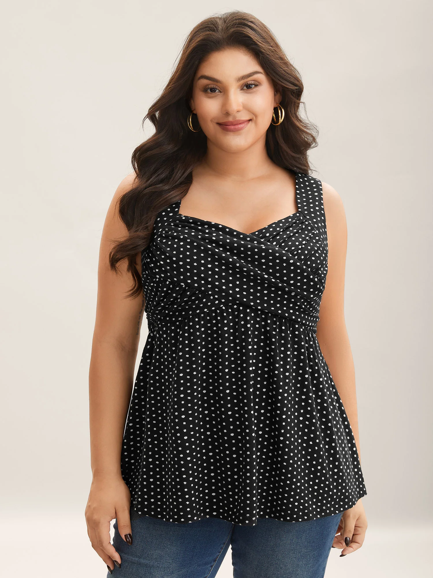 Stretchy Polka Dots Shirred Tank Top