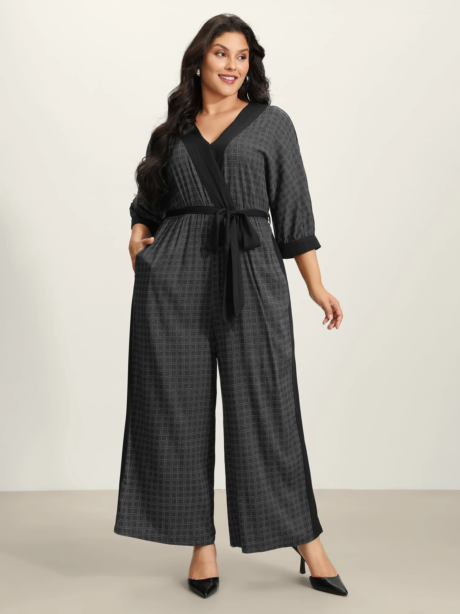Stretchy Rayon Plaid Pockets Belt Jumpsuit