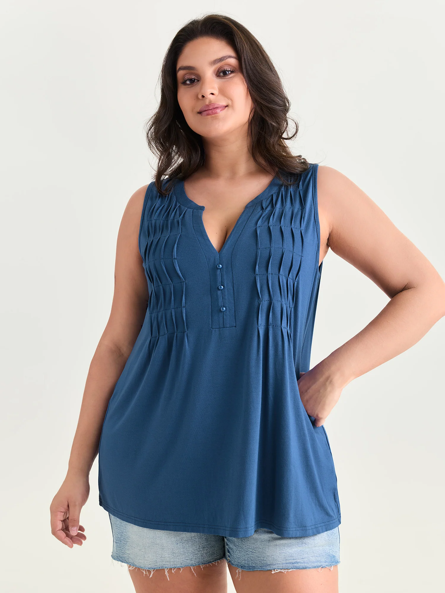 Stretchy Toothpick Pleats Plain Tank Top