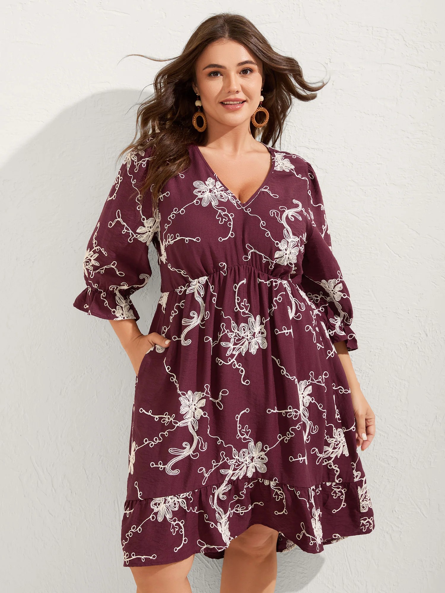 Floral Embroidered Stretchy Waist Midi Dress