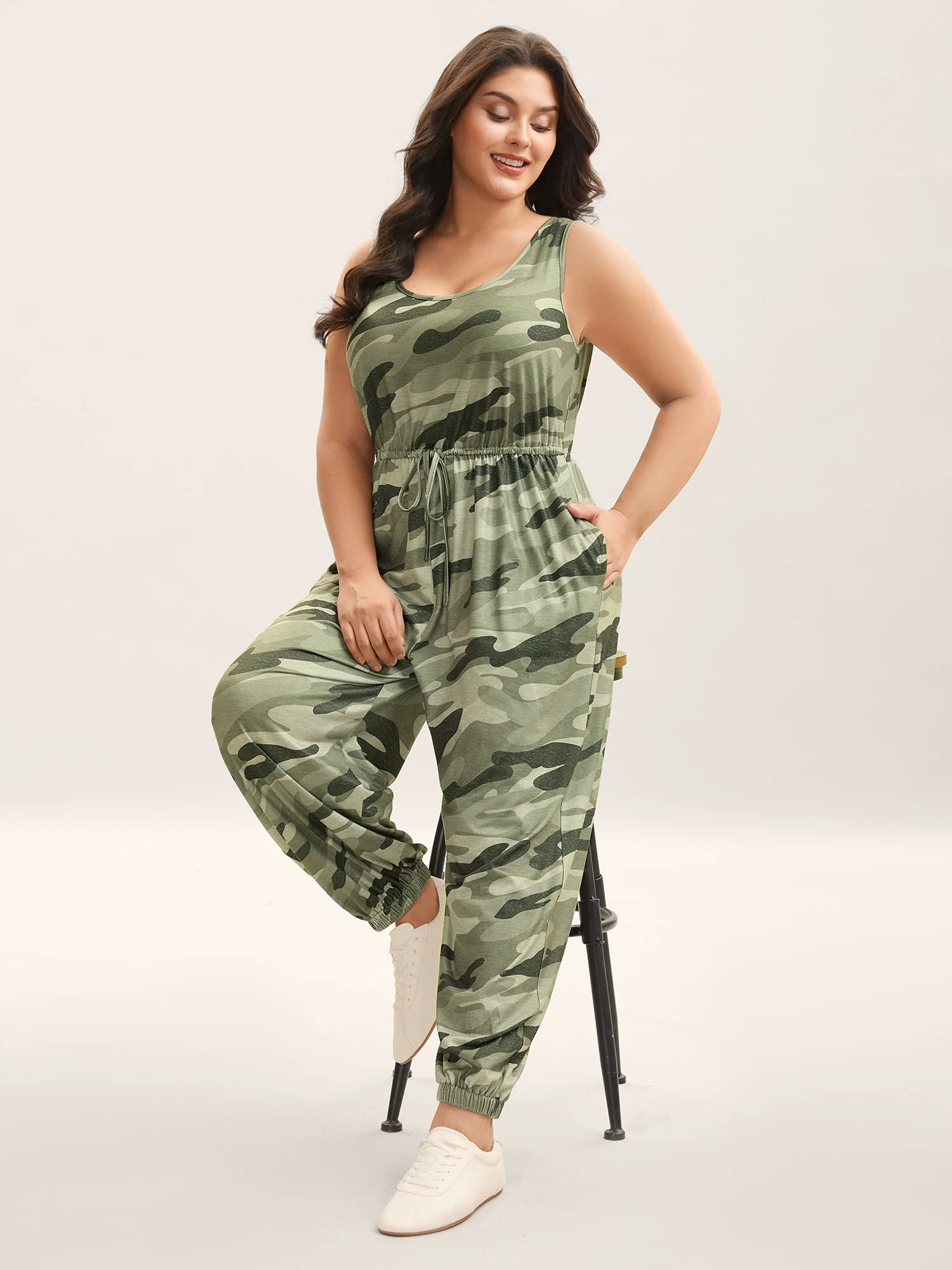 Stretchy Waist Camouflage Print Pockets Jumpsuit