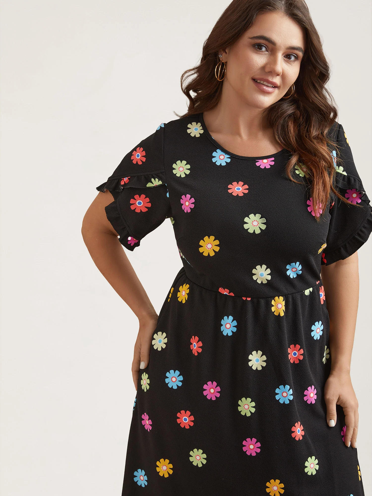 Stretchy-Waist Floral Print Pockets Midi Dress