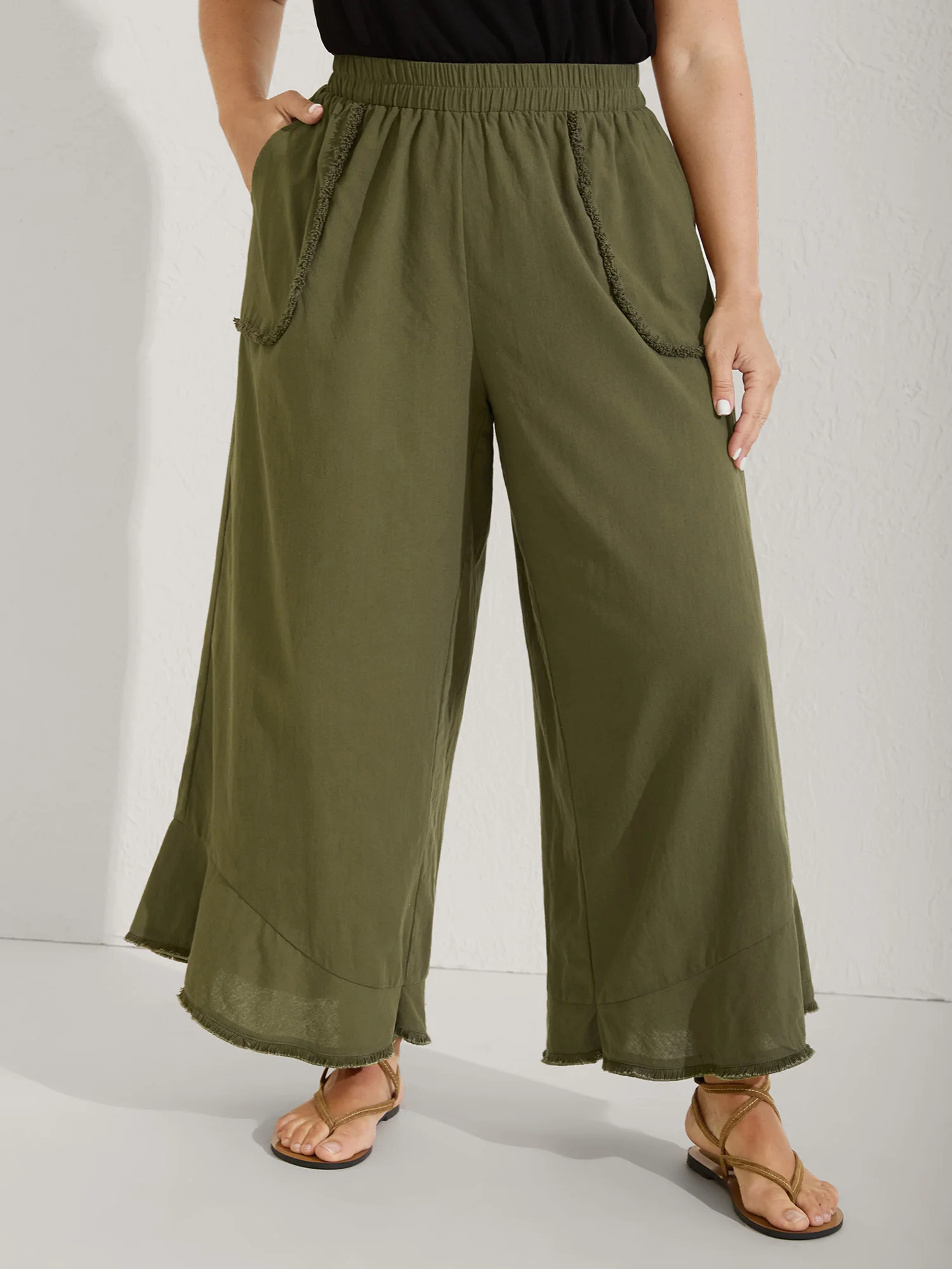 Cotton Stretchy Waist Frayed Hem Wide-Leg Pants