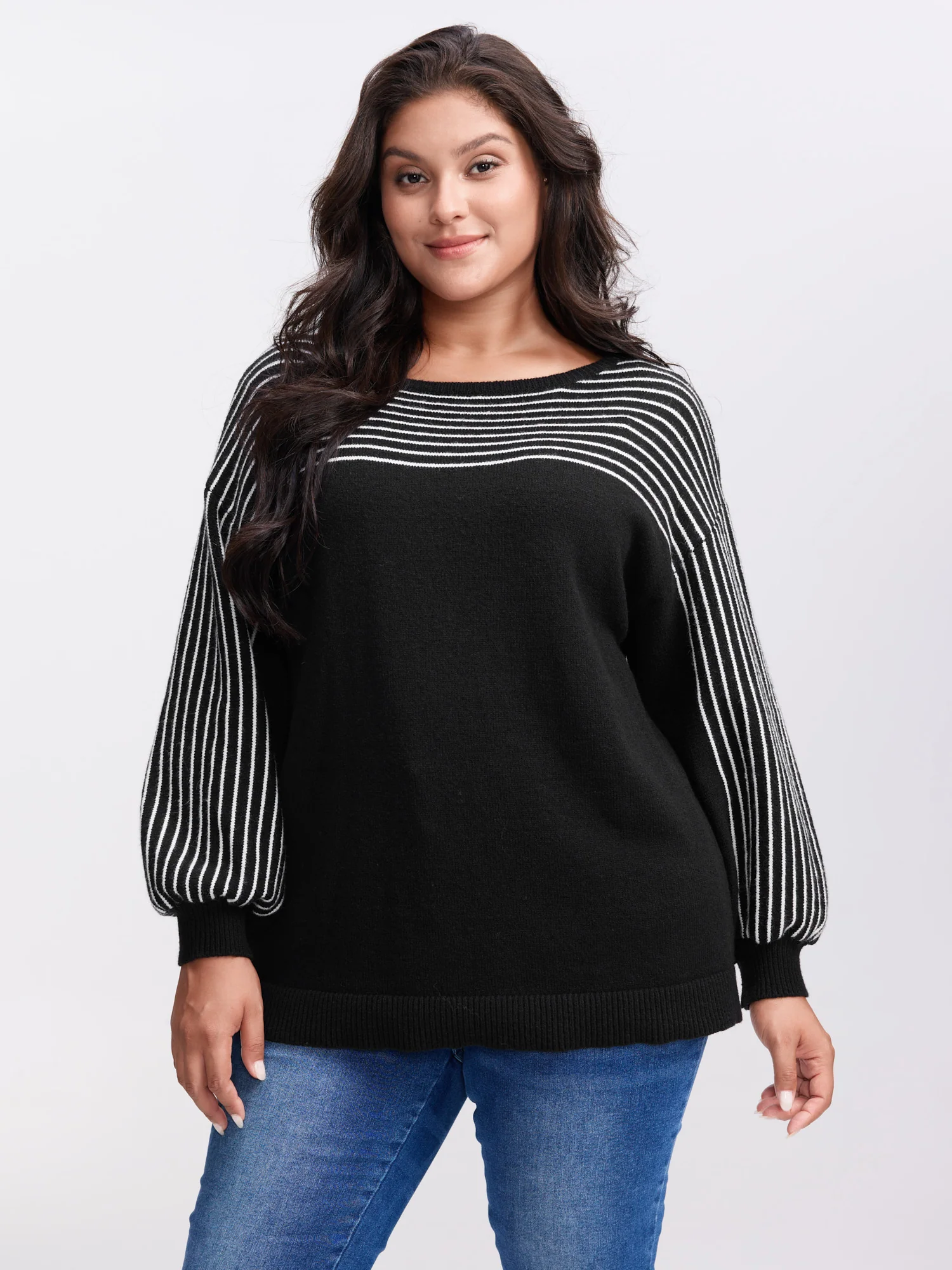 Stripe Boat Neck Balloon Sleeve Pullover