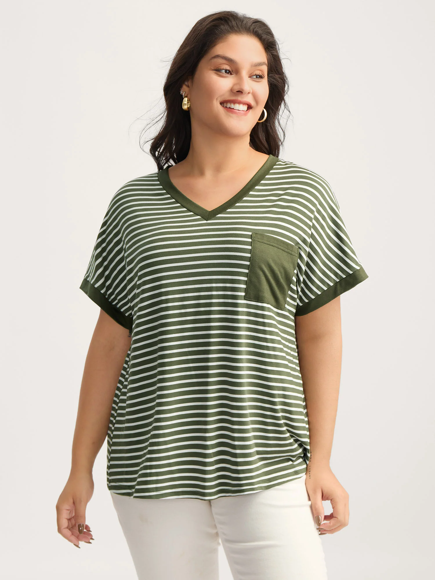 Stripe Color Contrast Pockets T-Shirt