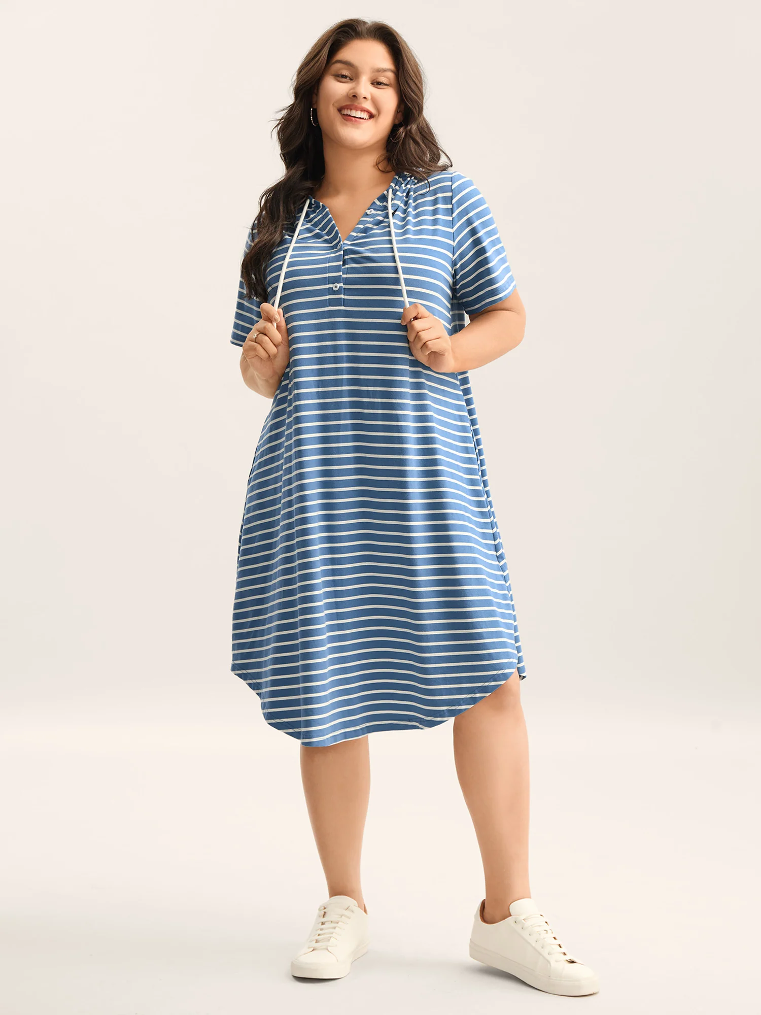 Stripe Print Curvy Hem Hooded Mini Dress