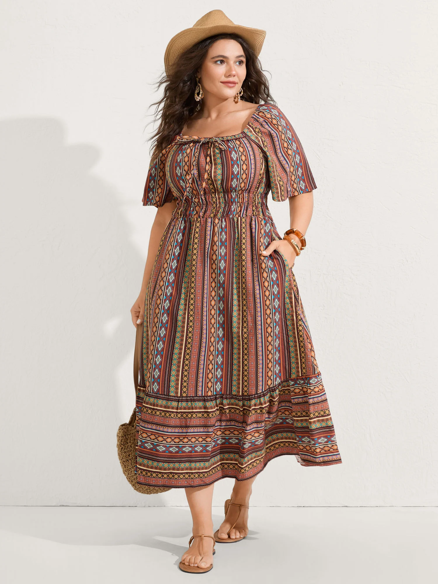 Striped Cinched-Waist Midi Dress