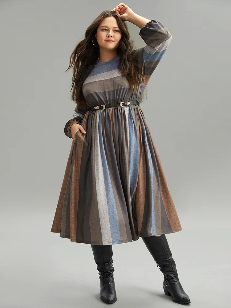 Striped Colorblock Contrast Lantern Sleeve Dress