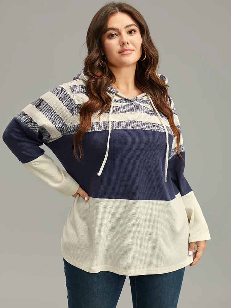 Waffle Knit Striped Colorblock Hooded Sweatshirt