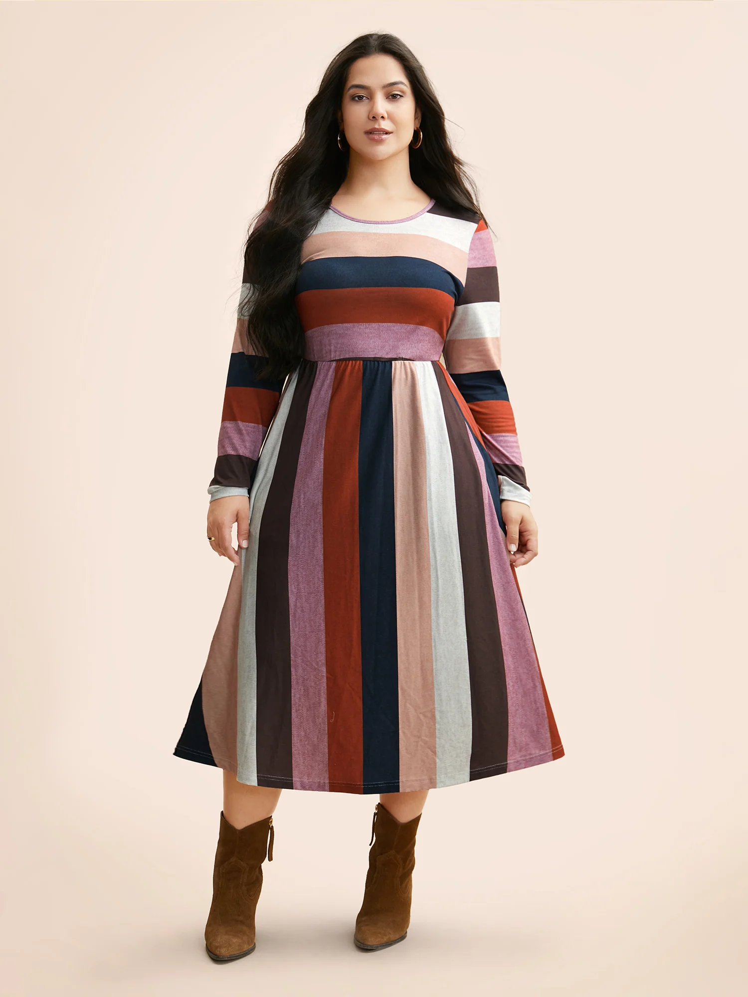 Striped Contrast Crew Neck Knit Dress