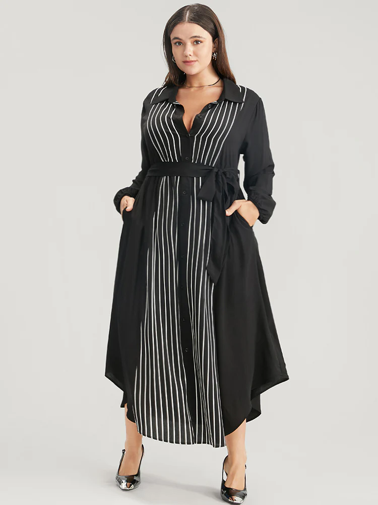 Striped Contrast Pocket Button Detail Belted Dress