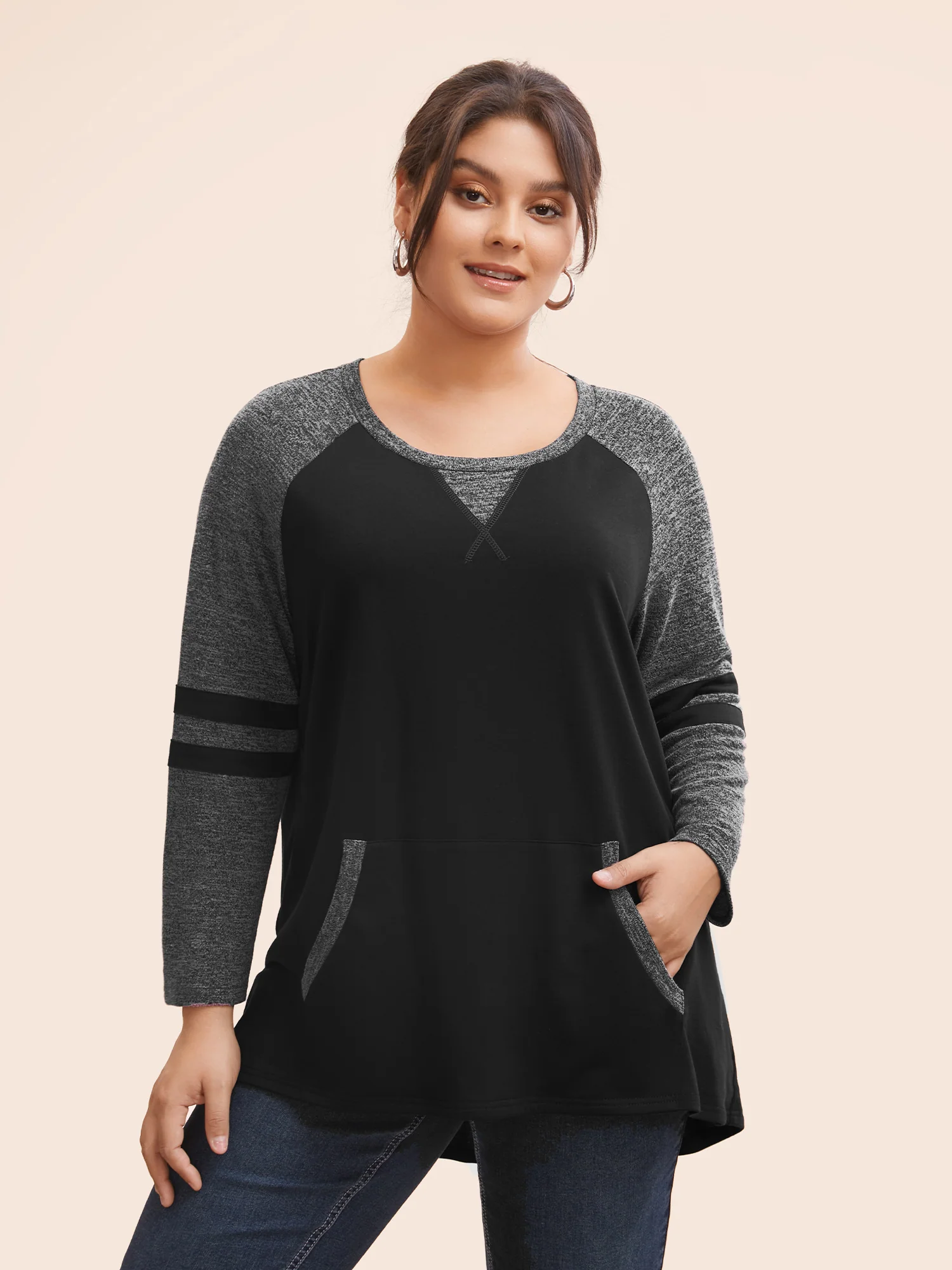 Striped Contrast Pocket Raglan Sleeve High Low Hem Sweatshirt - Image 21