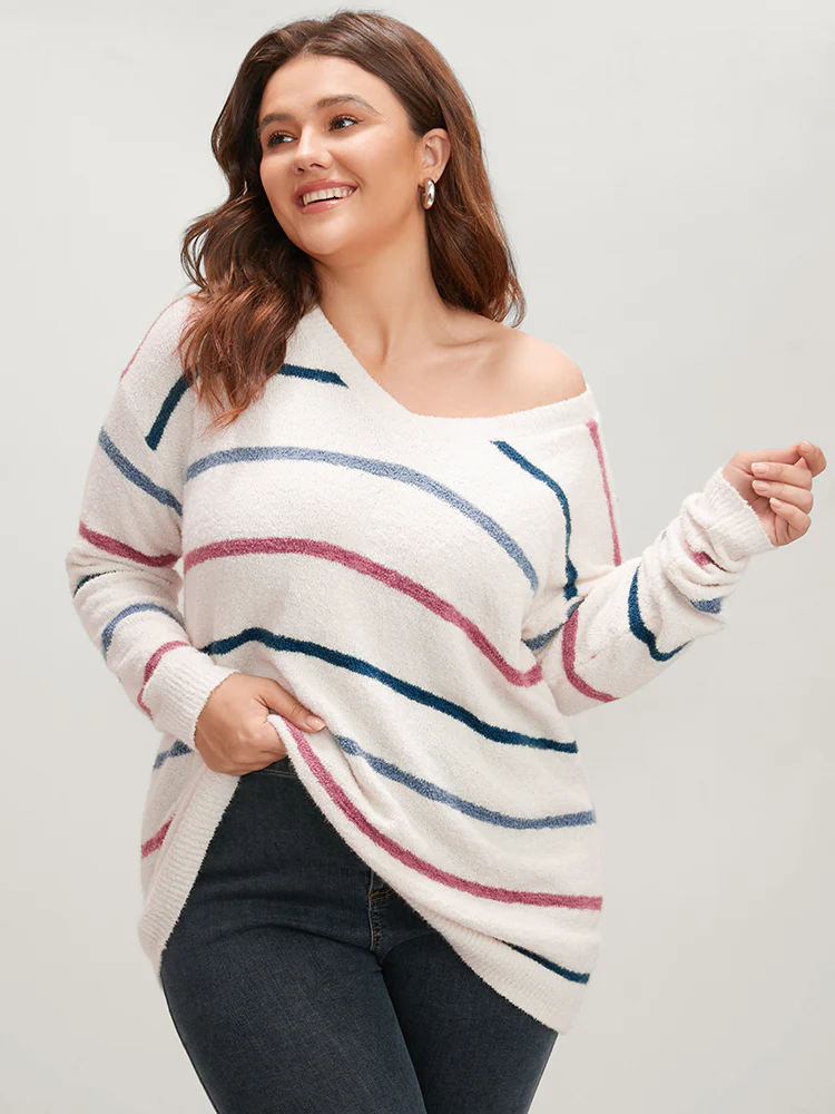 Striped Contrast Super Soft Knit V Neck Fluffy Knit Top