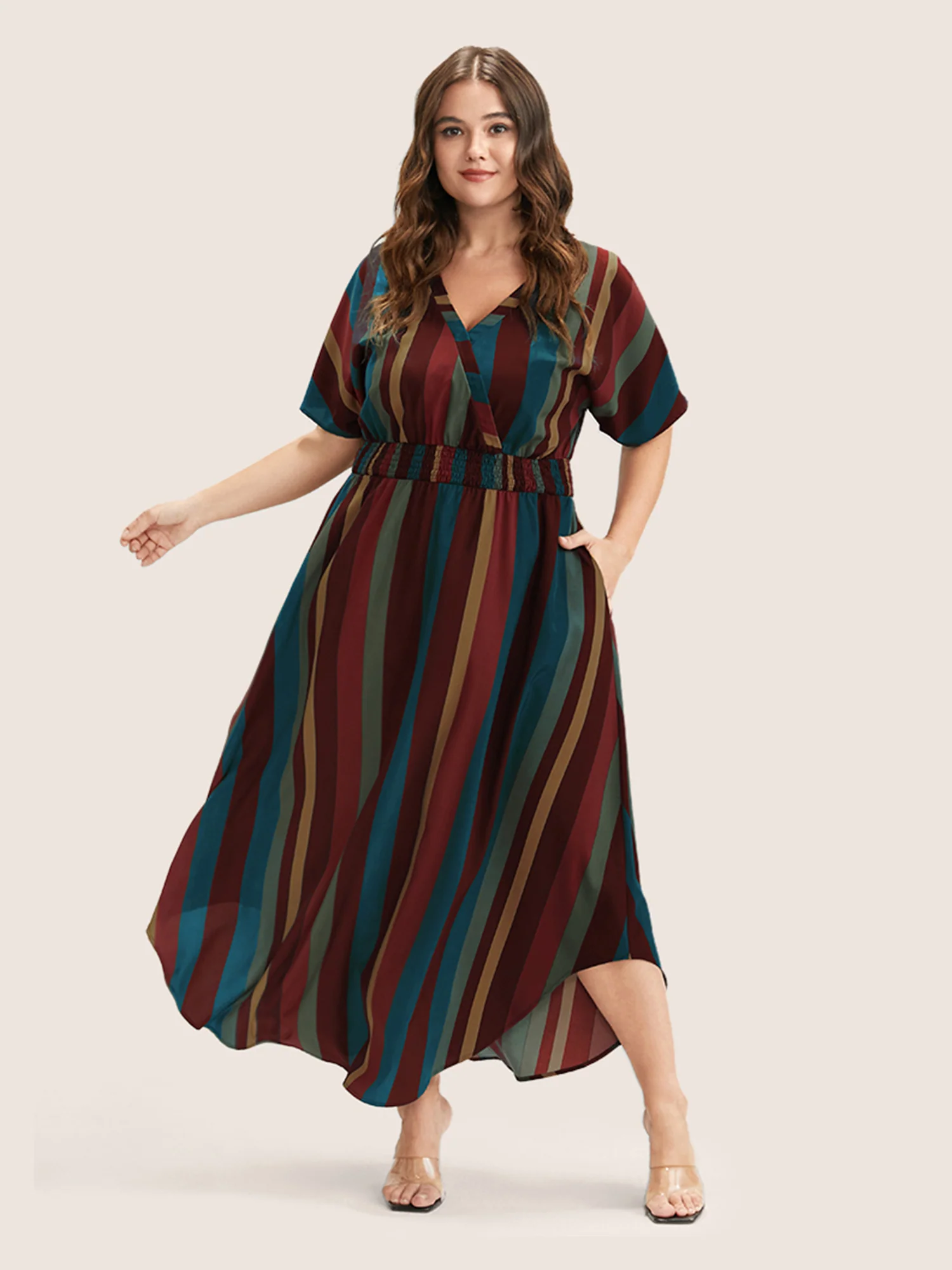 Striped Dolman Sleeve Pocket Shirred Flutter Wrap Dress