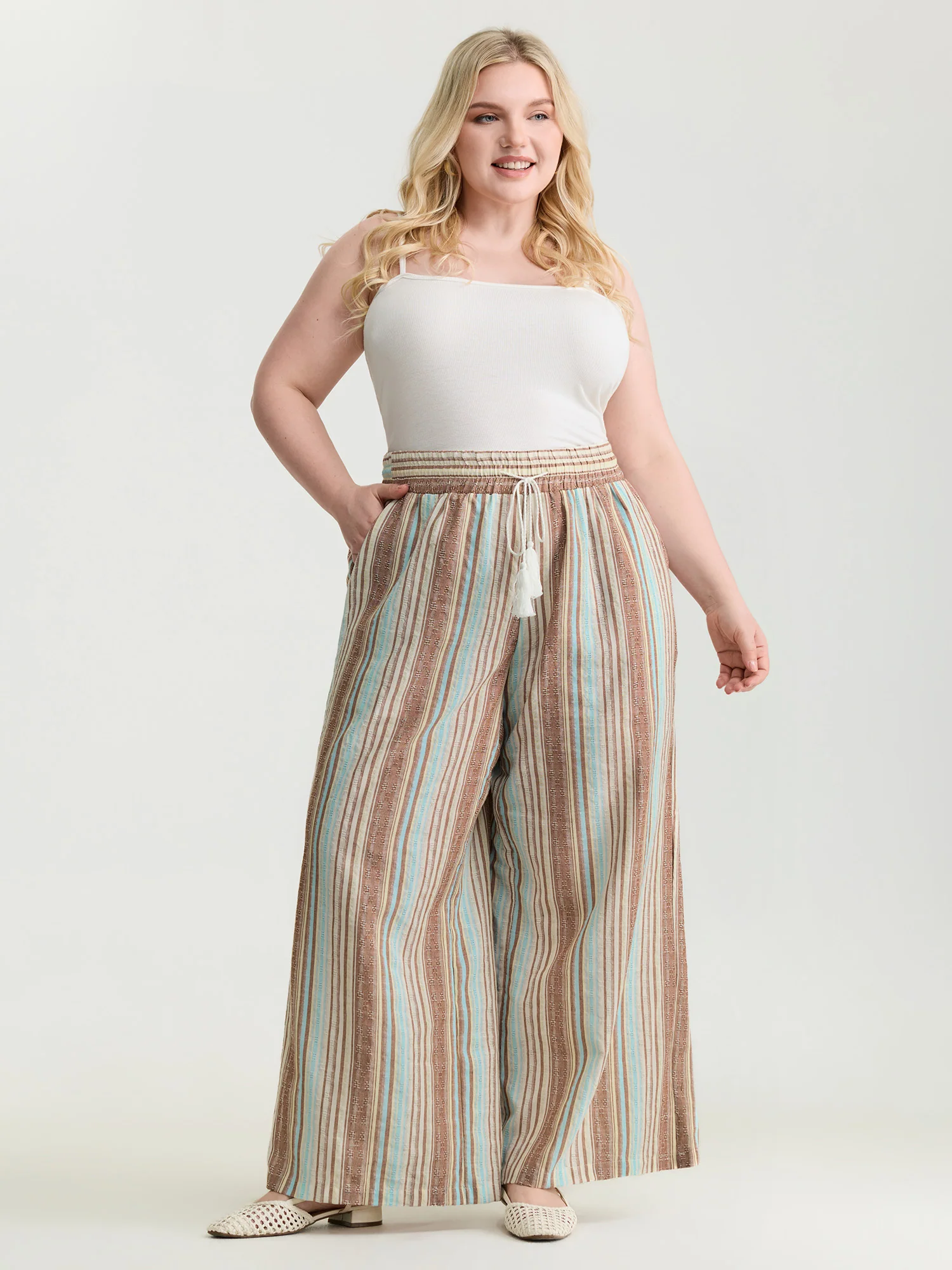 Cotton Striped Drawstring Wide Leg Pants