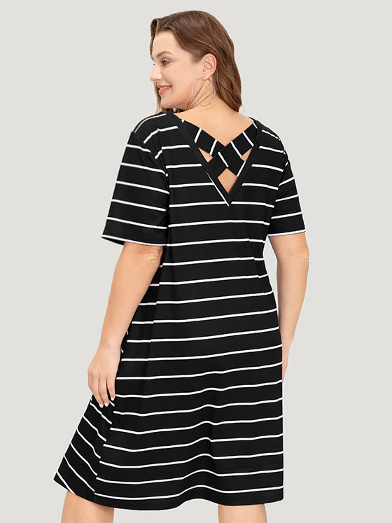 Striped Print Pocket Flutter Crossover Back Dress