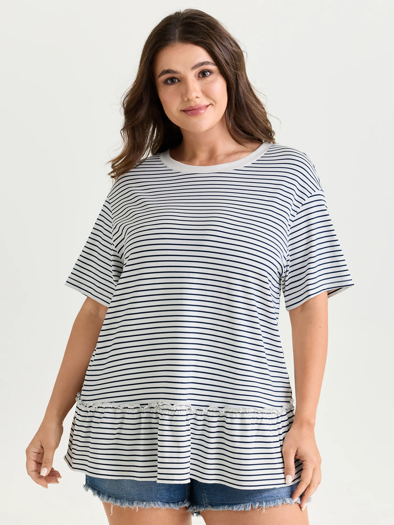 Striped Print Ruffled Hem Long T-Shirt