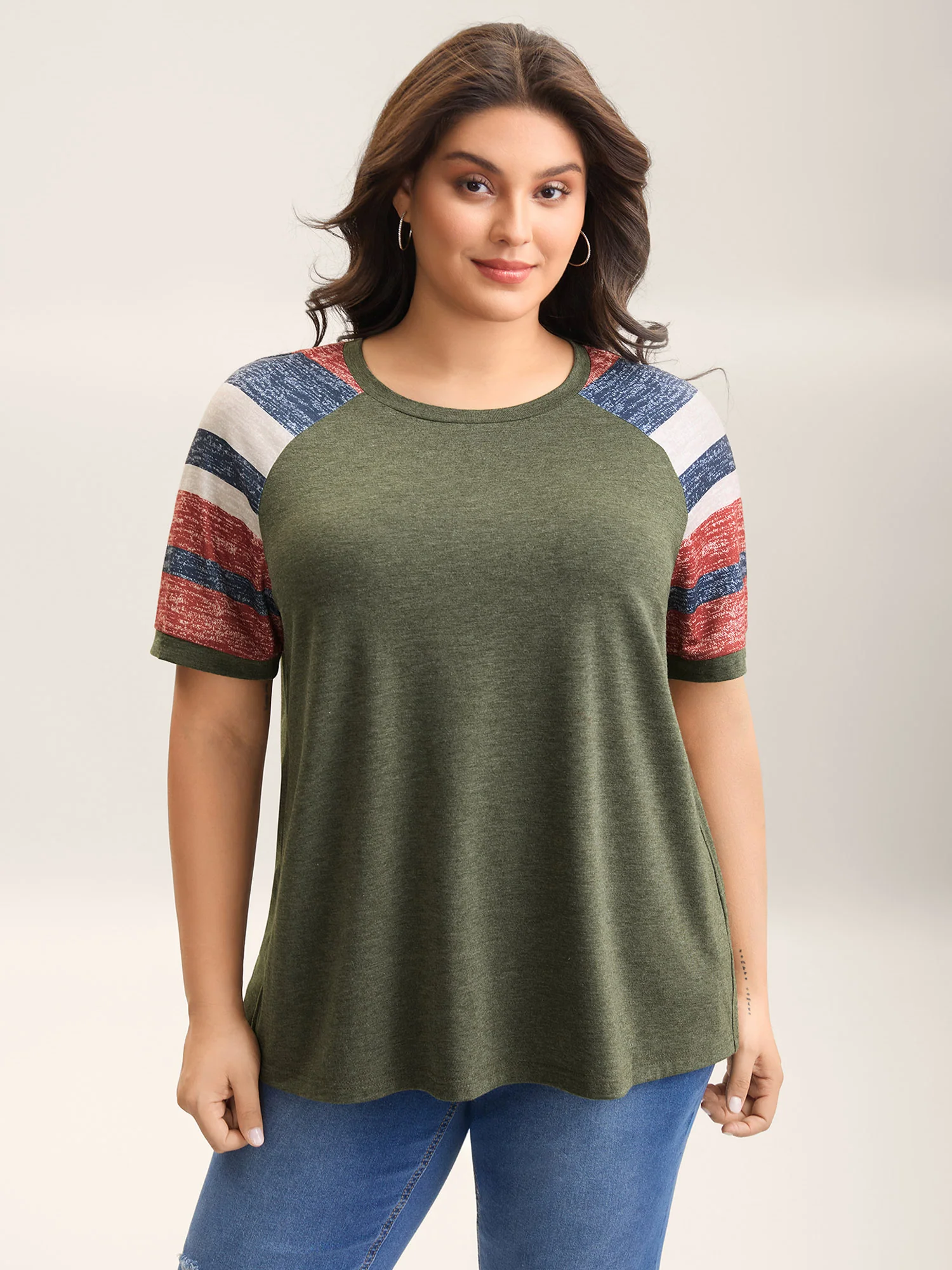 Striped Raglan Sleeve Plain T-Shirt