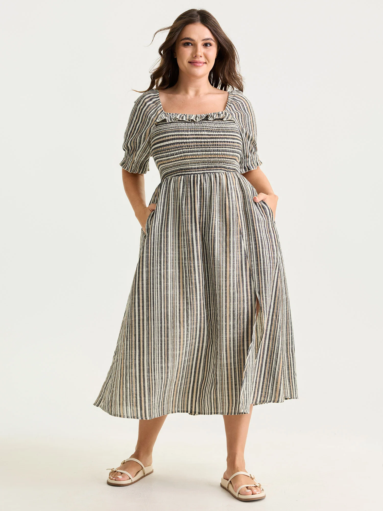 Striped Ruffled Neckline Puff Sleeve Midi Dress