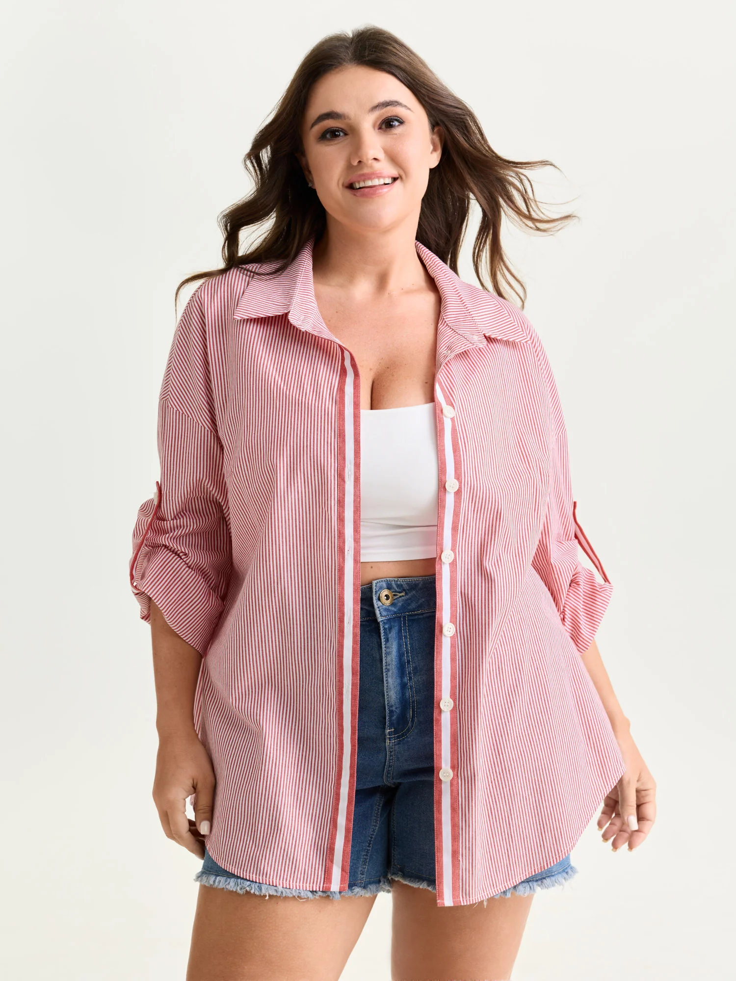 Striped Tab Sleeve Button-Down Shirt