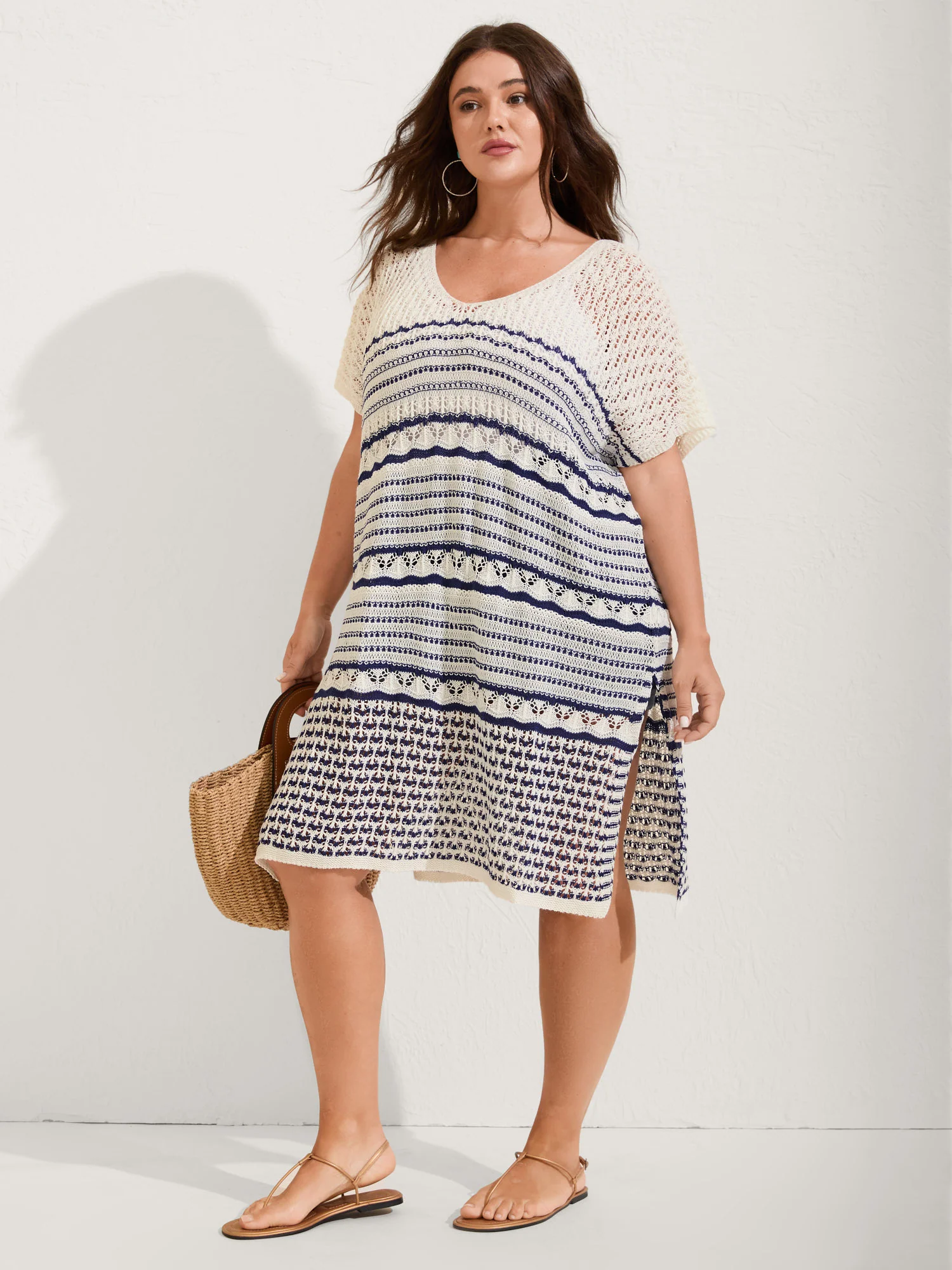 Stripes Crochet V-Neck Swim Cover-Up