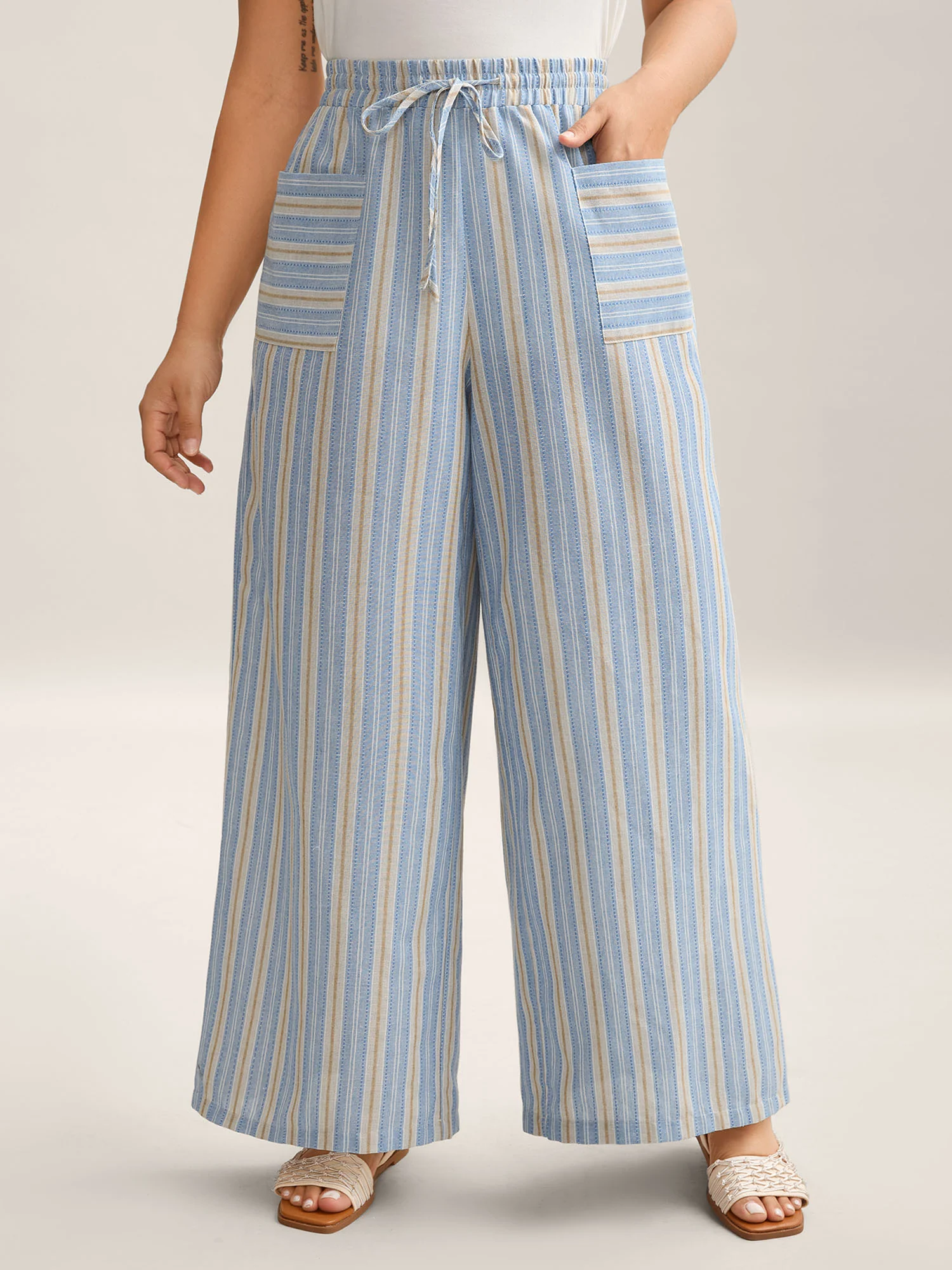 Stripes Pockets Wide-Leg Pants