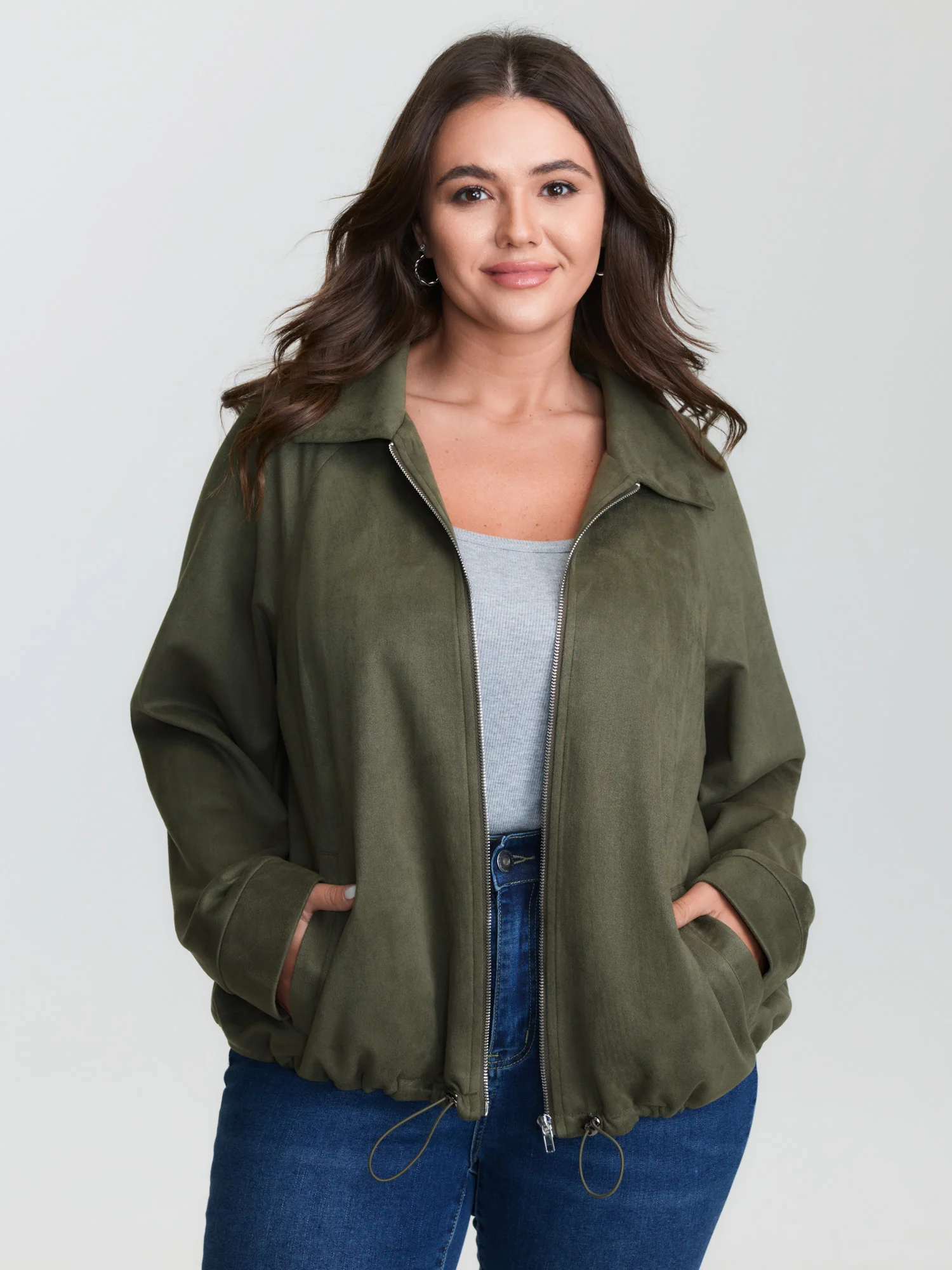 Suede Drawstring Hem Zipper Jacket