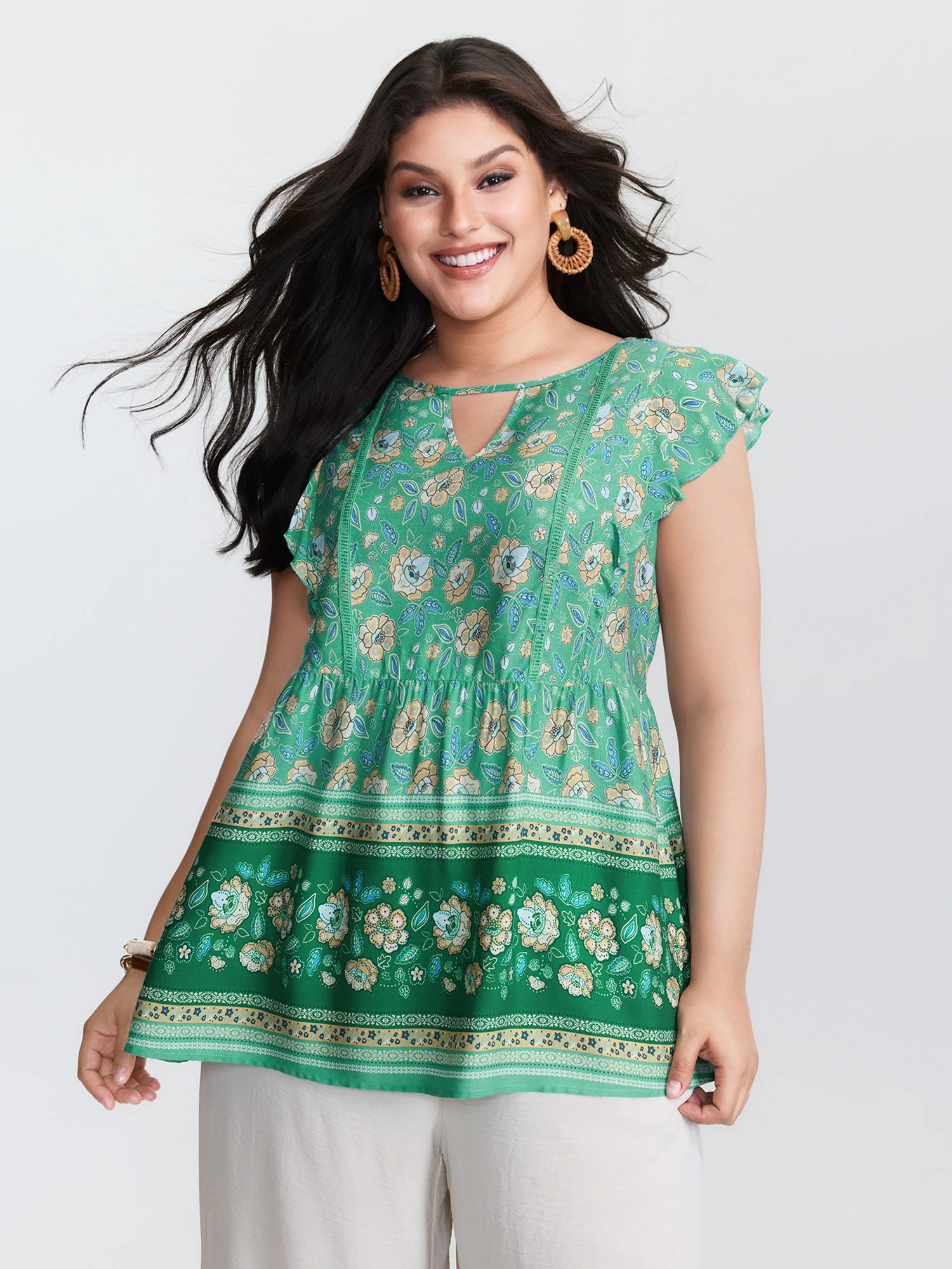 Supersoft Floral Print Keyhole Neck Blouse