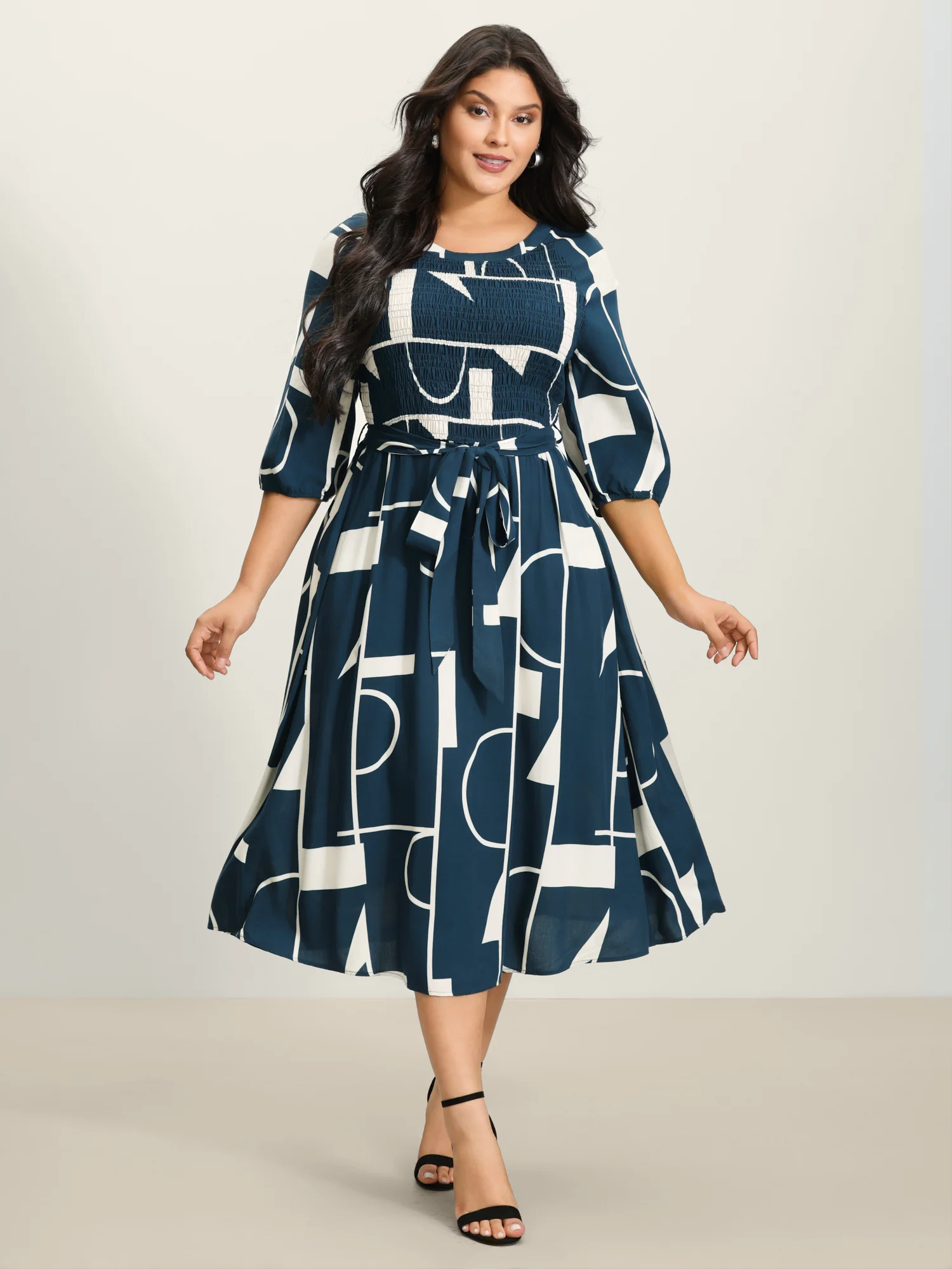 Supersoft Geometrical Print Shirred Bodice Tie Maxi Dress